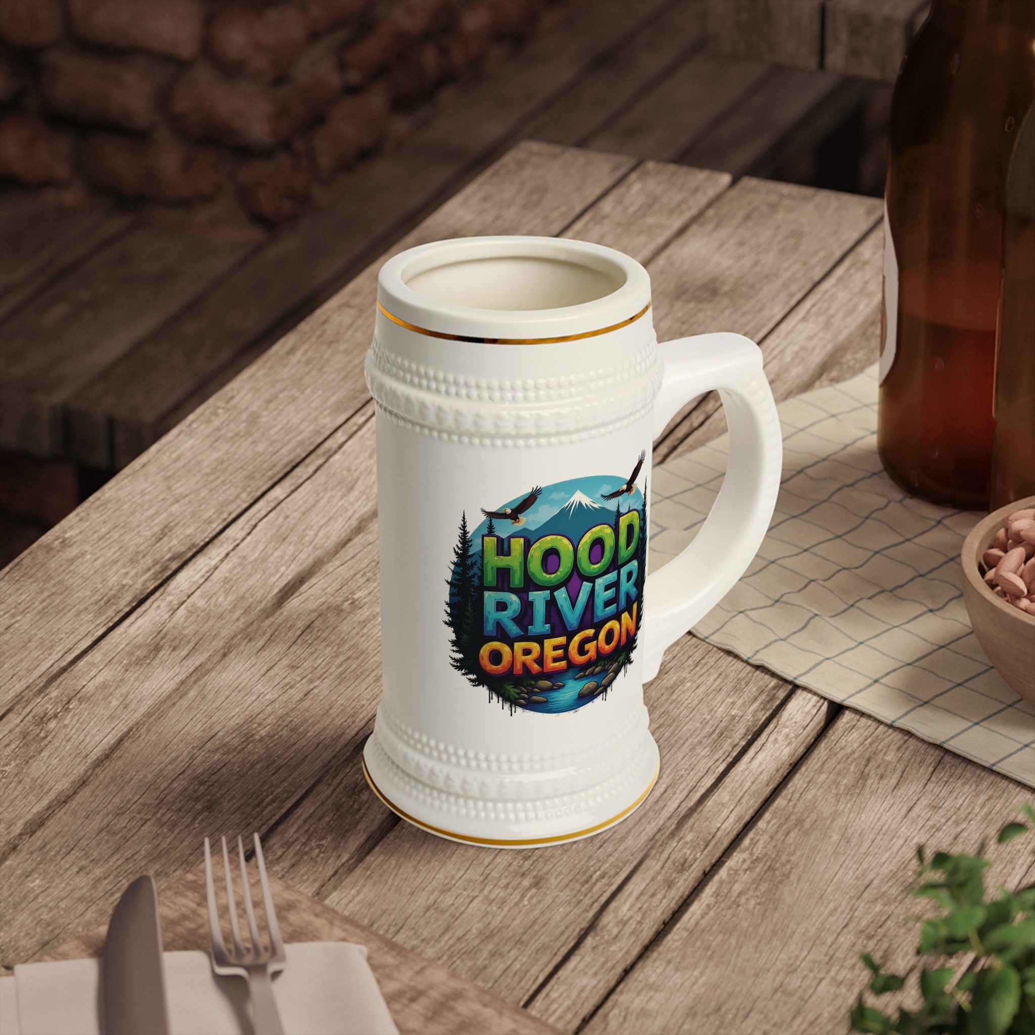 Hood River Oregon Root Beer Stein Mug — Scenic Mountain & River Souvenir