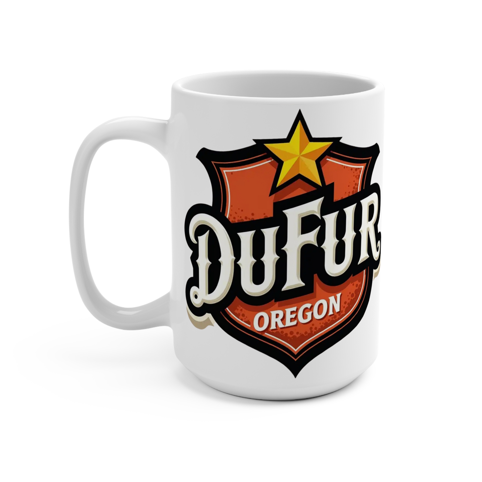 Dufur Oregon Shield 15oz Coffee Mug — Retro Badge Travel Souvenir - Image 4