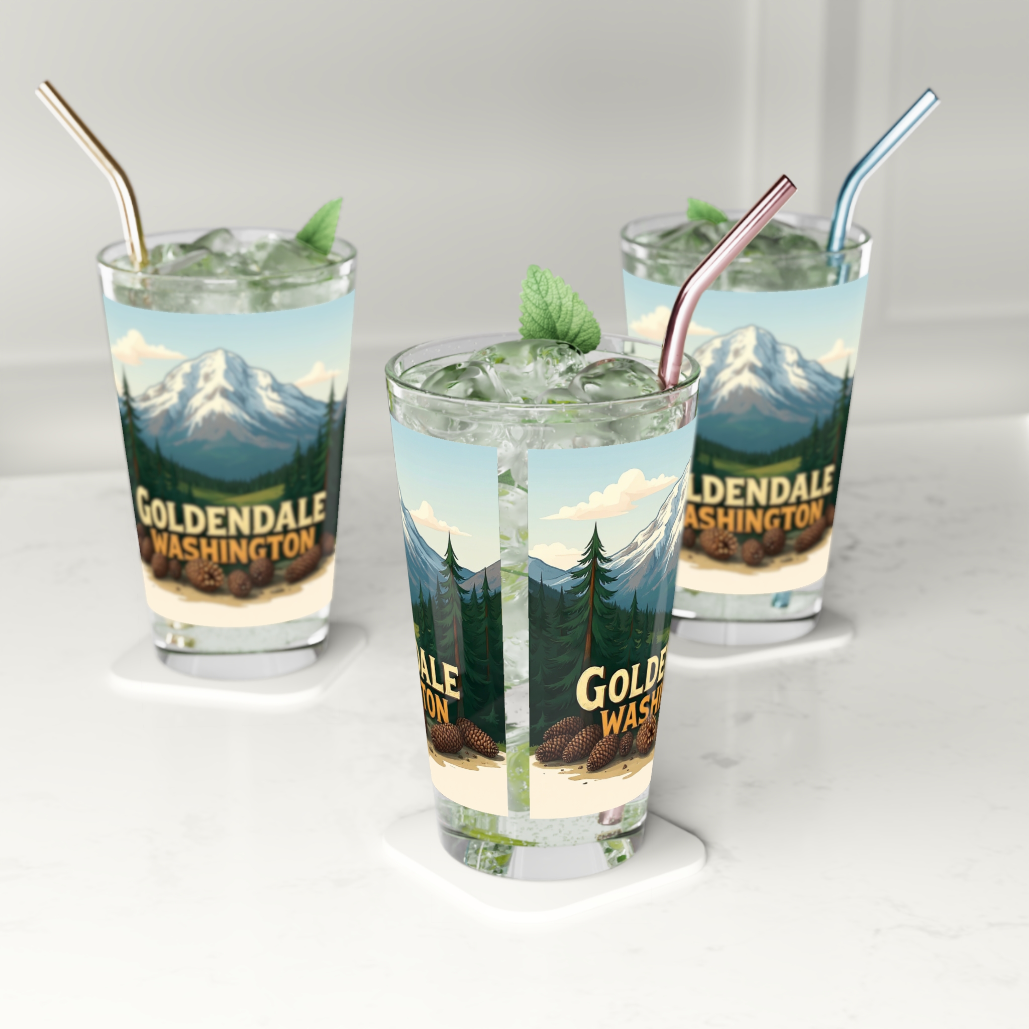 Goldendale Washington Mountain Pint Glass – Scenic Pinecone Campfire Beer Glass (16 oz) - Image 4