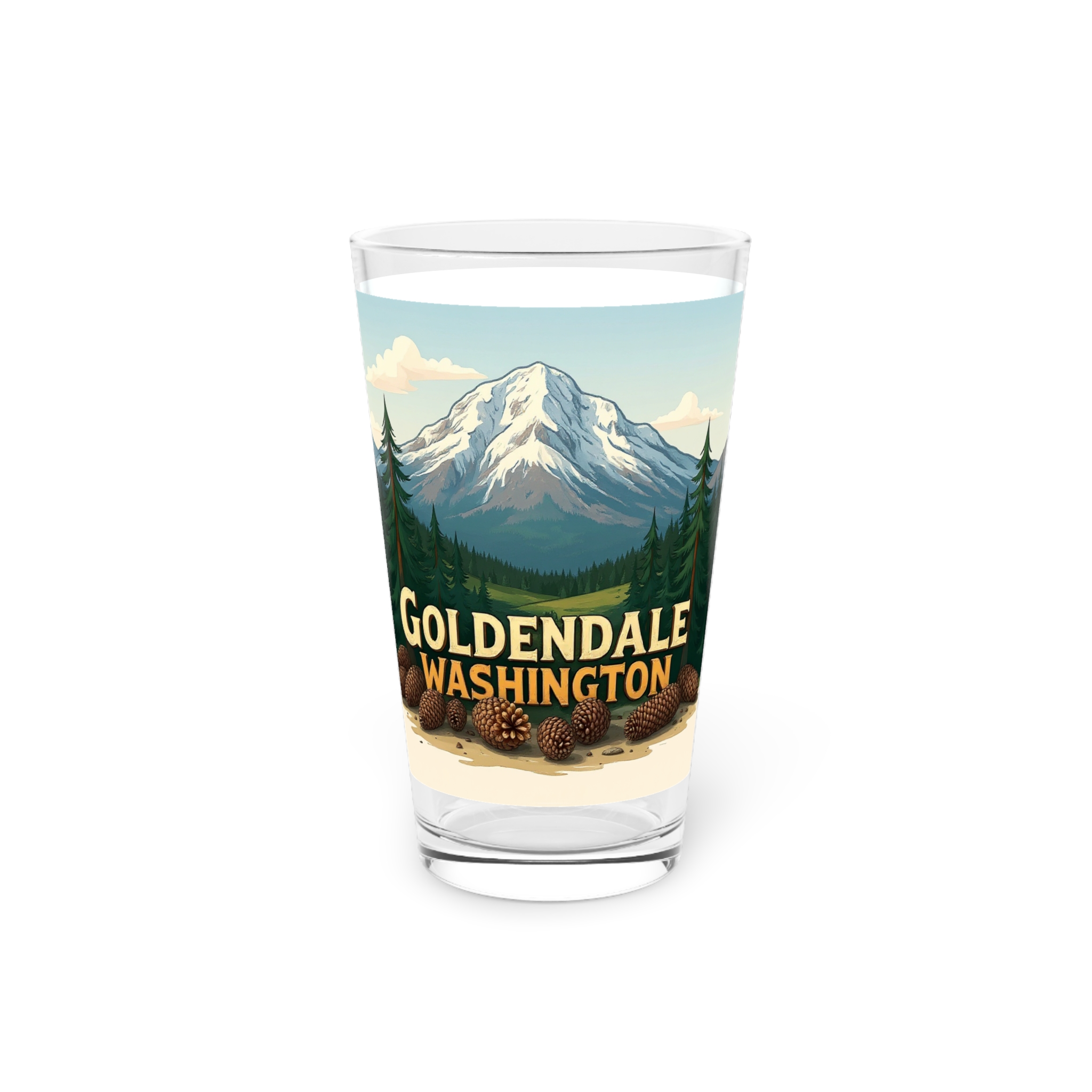 Goldendale Washington Mountain Pint Glass – Scenic Pinecone Campfire Beer Glass (16 oz) - Image 2