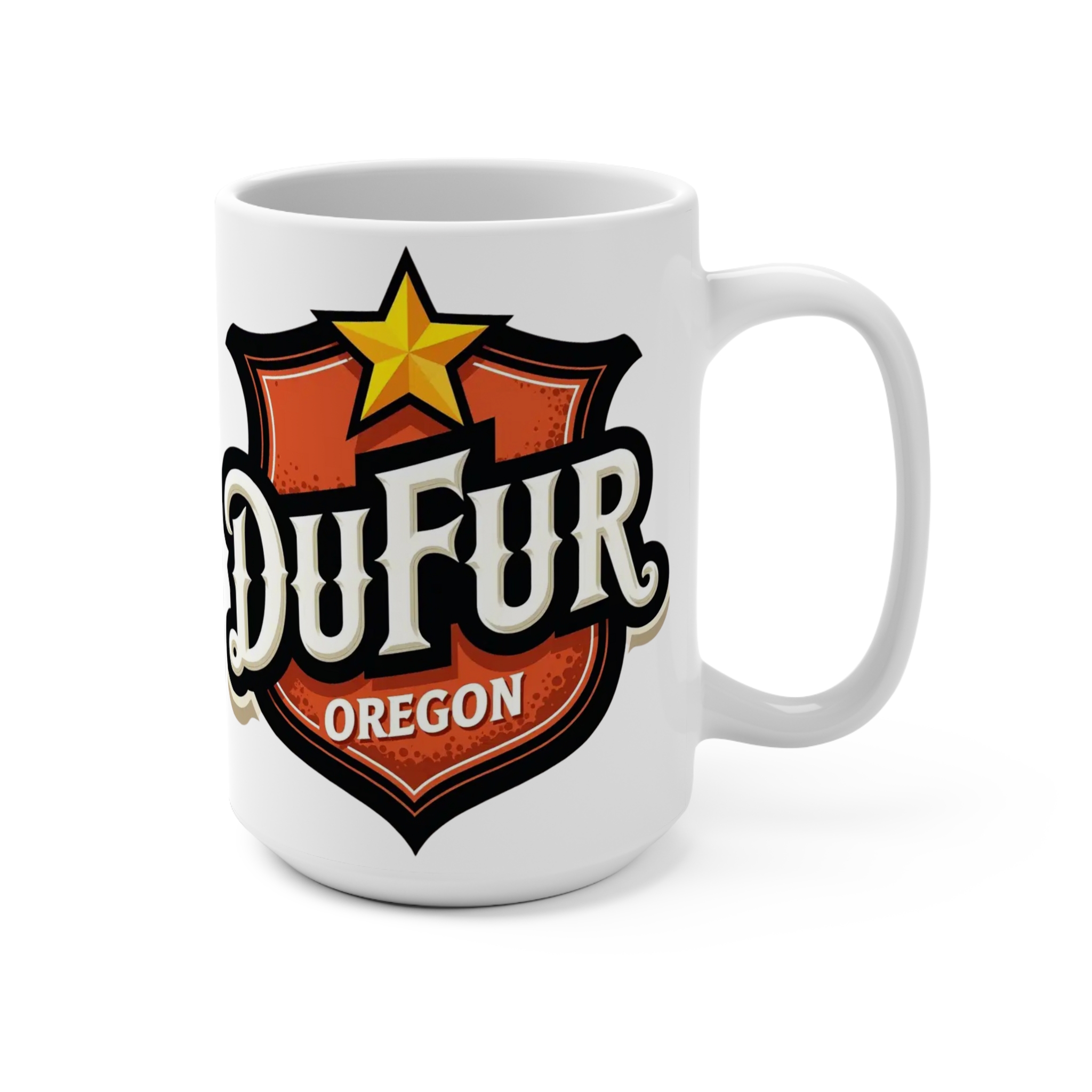 Dufur Oregon Shield 15oz Coffee Mug — Retro Badge Travel Souvenir - Image 3