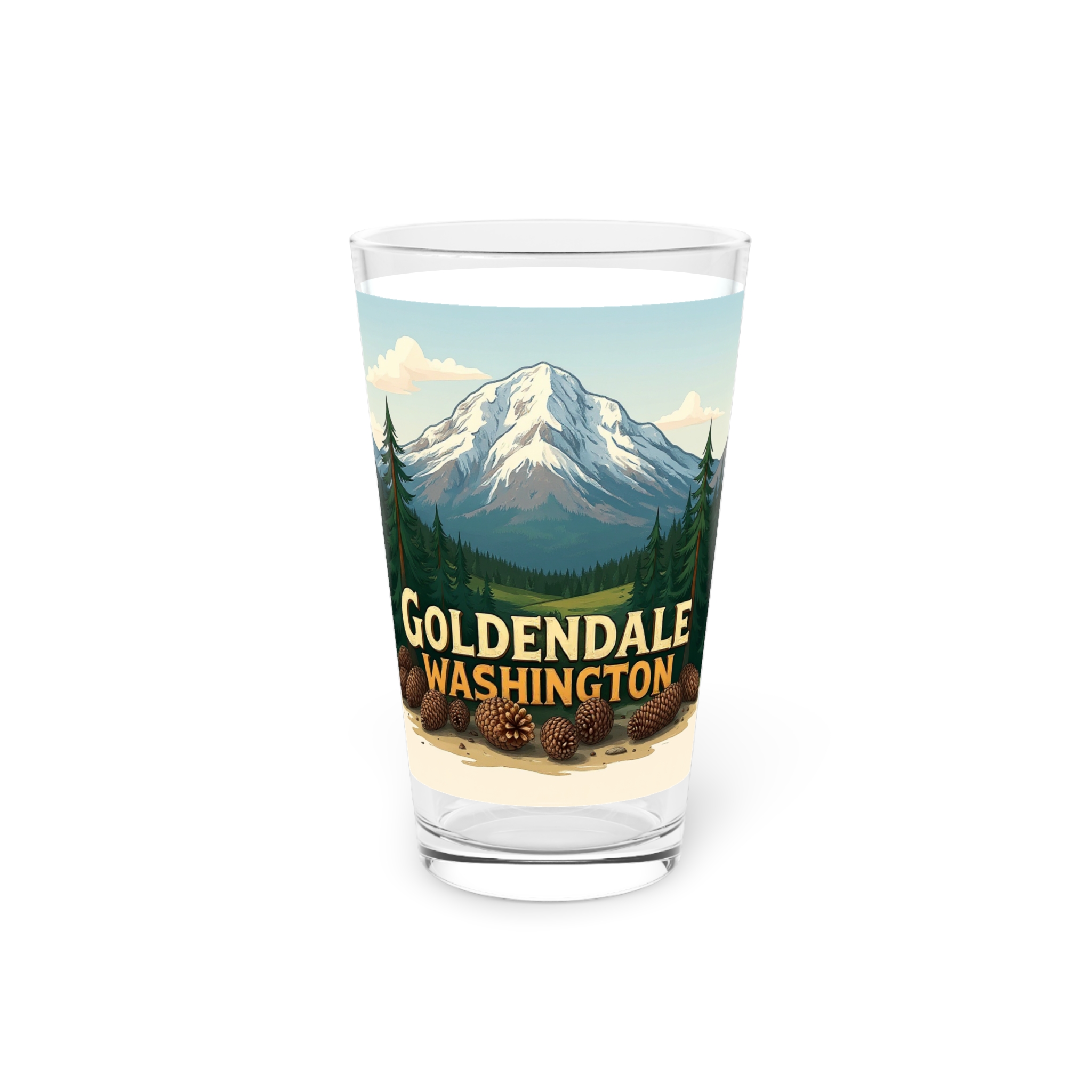 Goldendale Washington Mountain Pint Glass – Scenic Pinecone Campfire Beer Glass (16 oz)