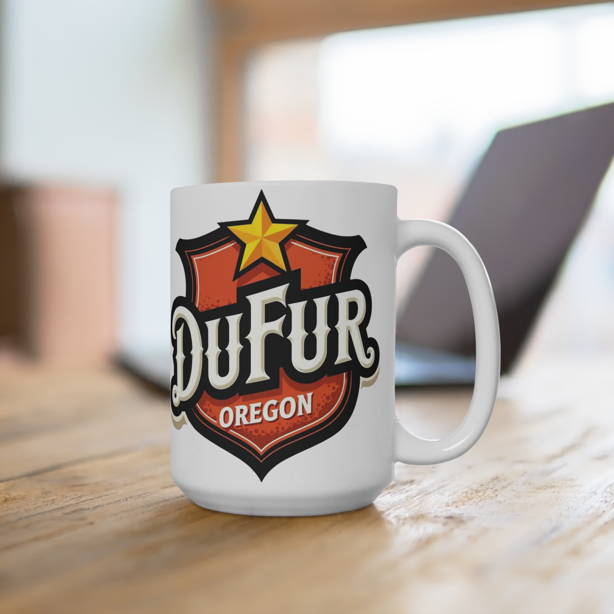 Dufur Oregon Shield 15oz Coffee Mug — Retro Badge Travel Souvenir