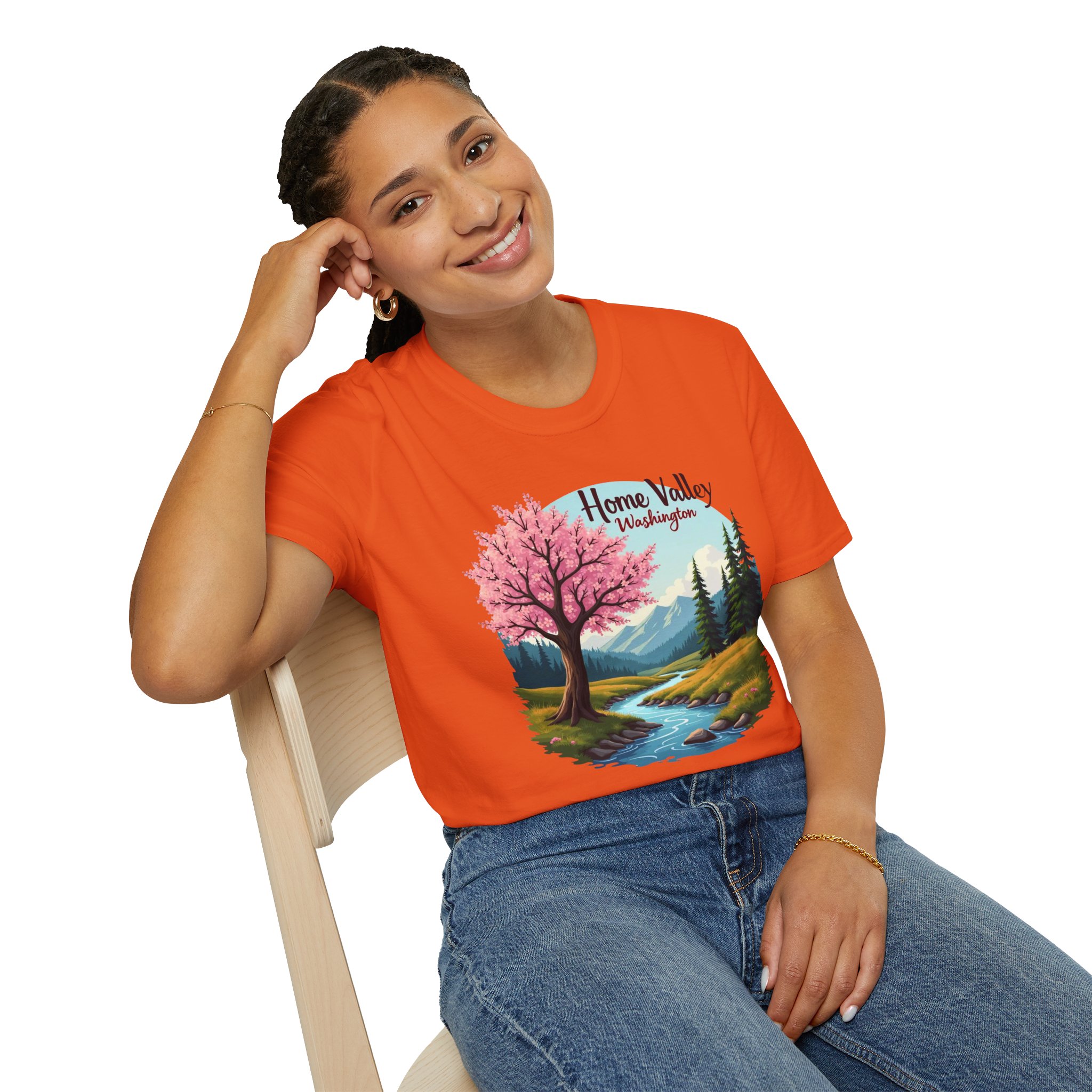Home Valley Washington Scenic T-Shirt — Mountain River Cherry Blossom Tee - Image 12