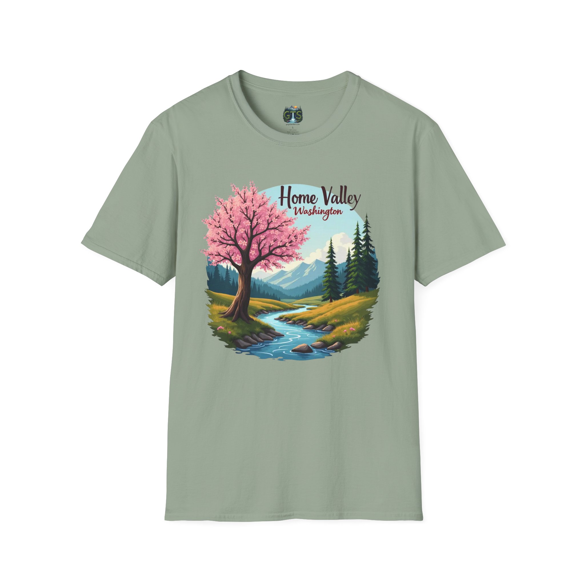 Home Valley Washington Scenic T-Shirt — Mountain River Cherry Blossom Tee - Image 19