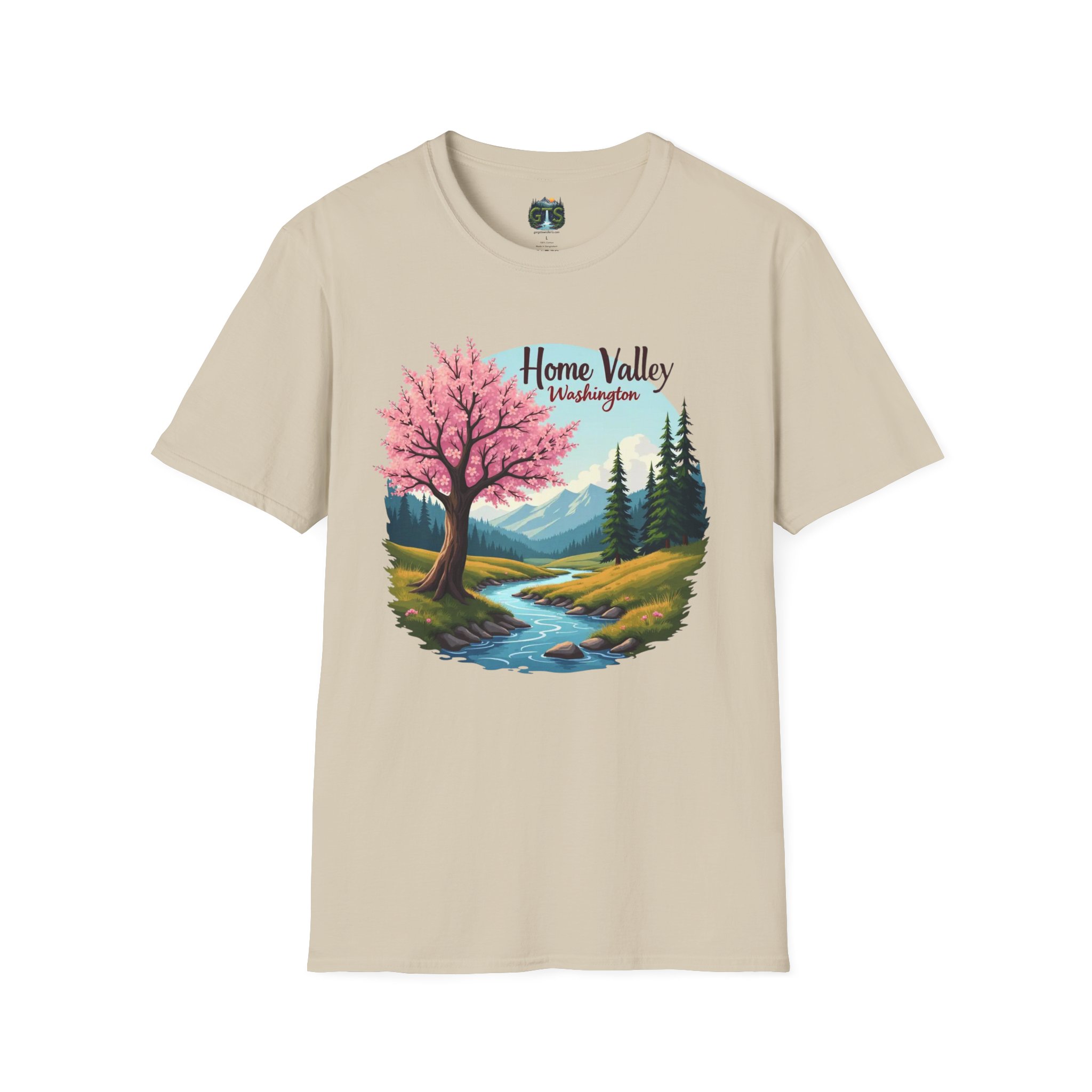 Home Valley Washington Scenic T-Shirt — Mountain River Cherry Blossom Tee - Image 4