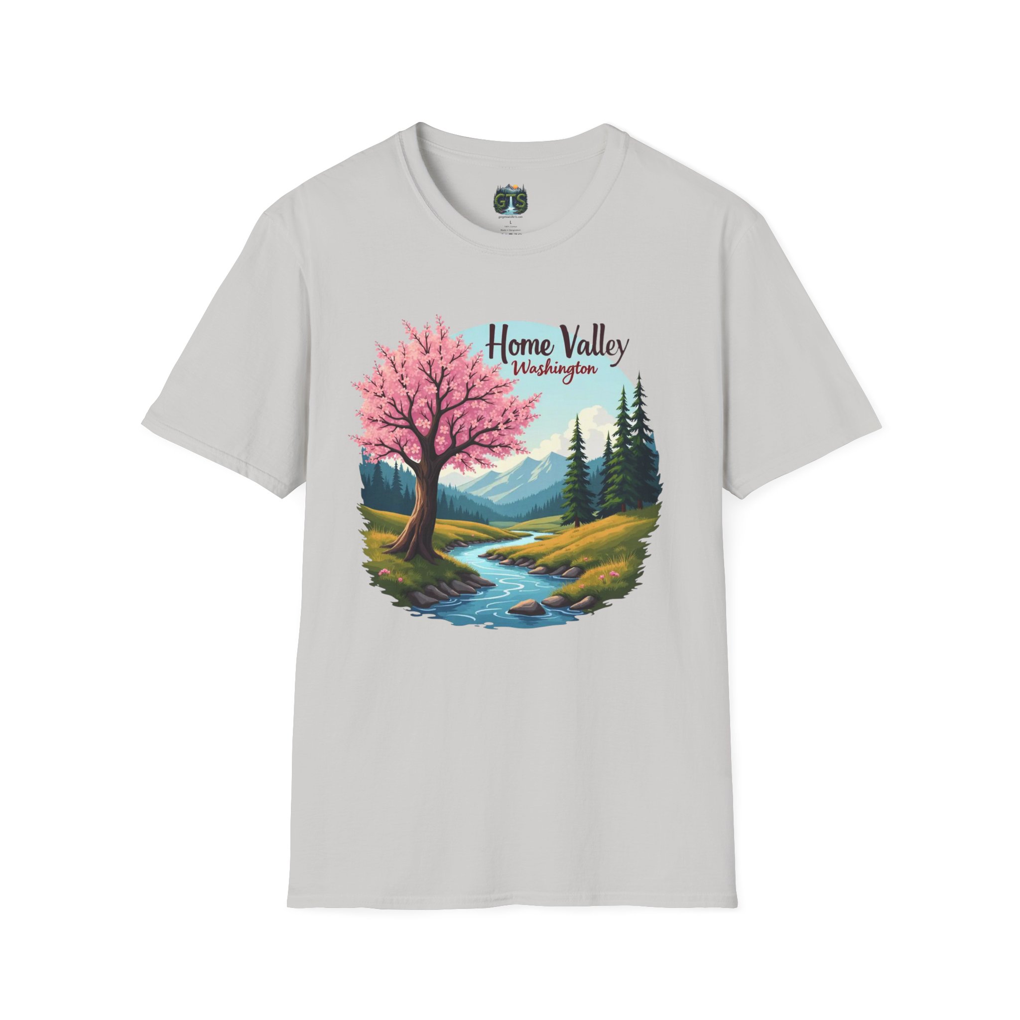 Home Valley Washington Scenic T-Shirt — Mountain River Cherry Blossom Tee - Image 7