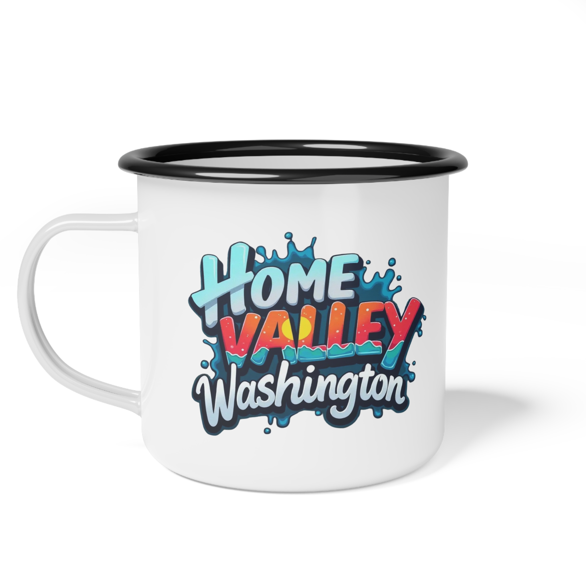 Enamel Camp Cup — "Home Valley Washington" Retro Graphic Camping Mug