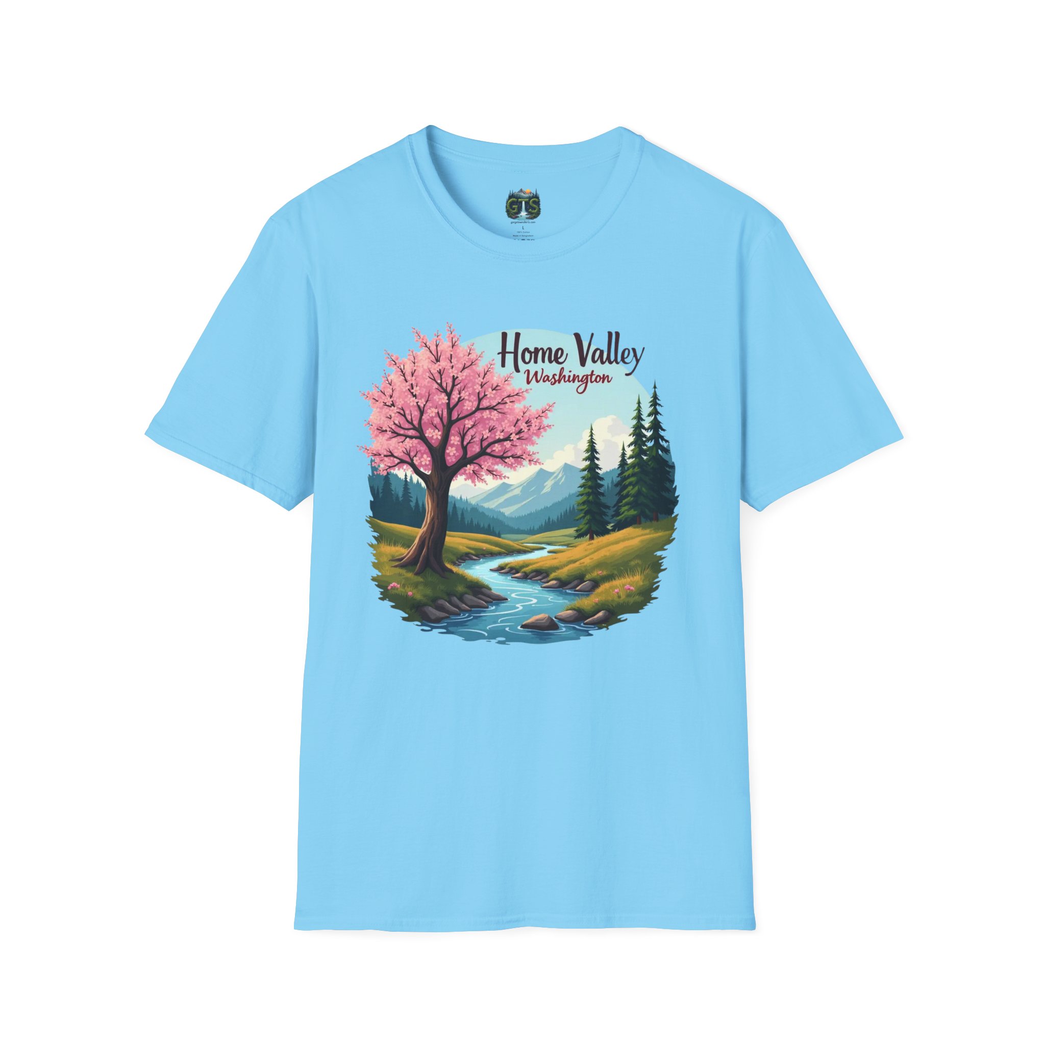 Home Valley Washington Scenic T-Shirt — Mountain River Cherry Blossom Tee - Image 28