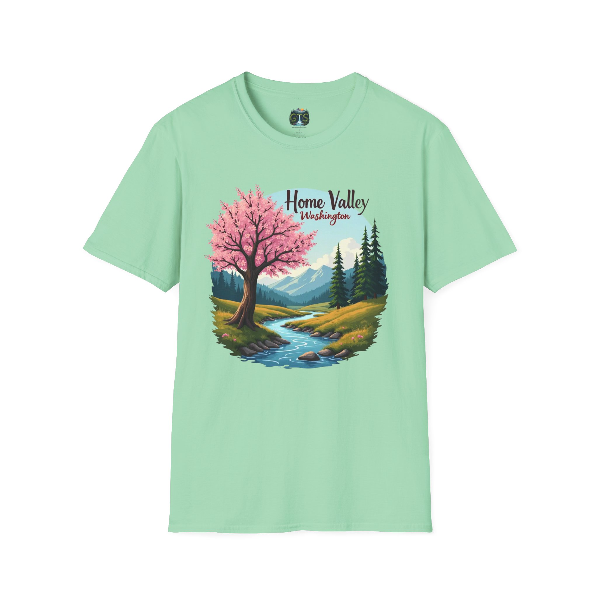 Home Valley Washington Scenic T-Shirt — Mountain River Cherry Blossom Tee - Image 25
