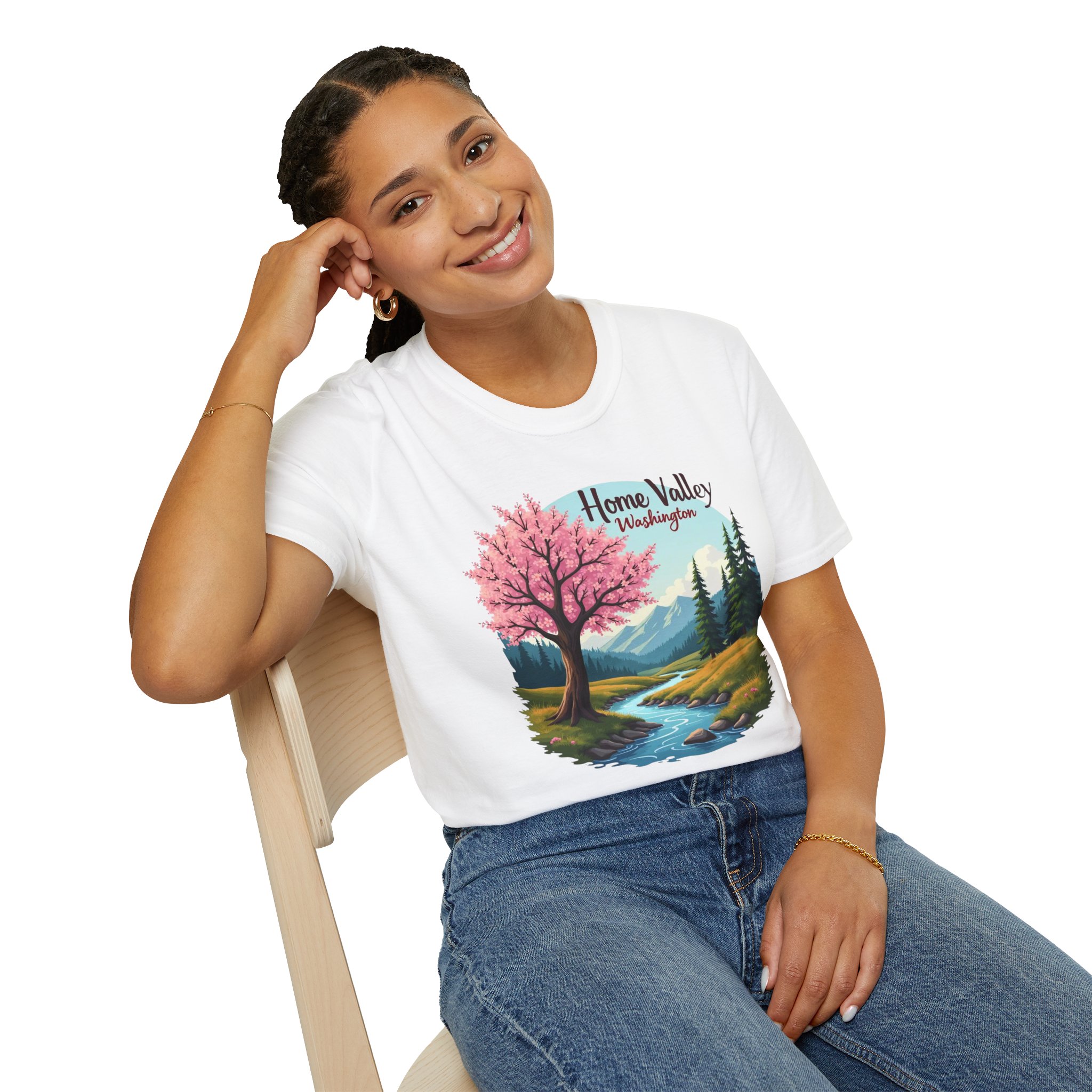 Home Valley Washington Scenic T-Shirt — Mountain River Cherry Blossom Tee