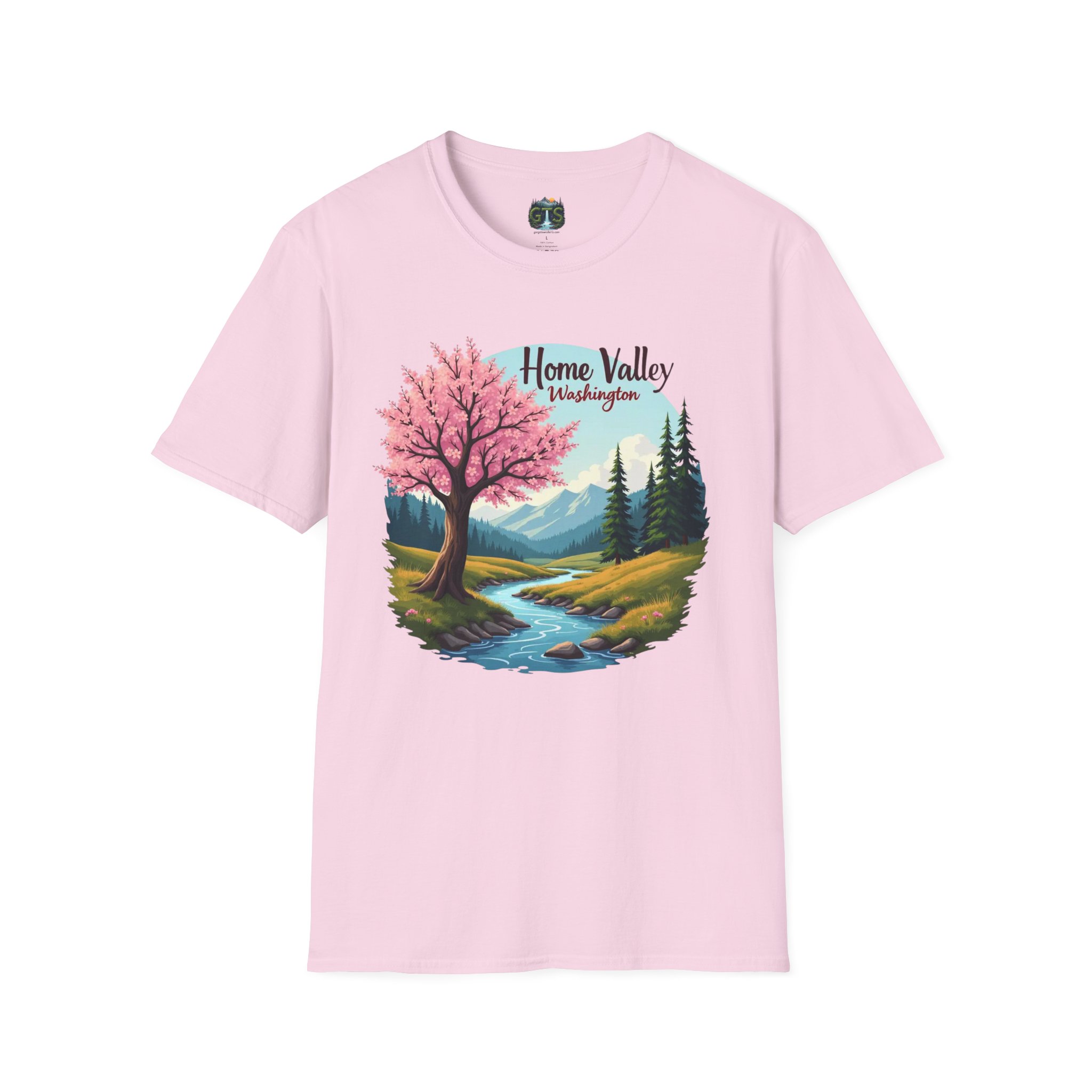 Home Valley Washington Scenic T-Shirt — Mountain River Cherry Blossom Tee - Image 40