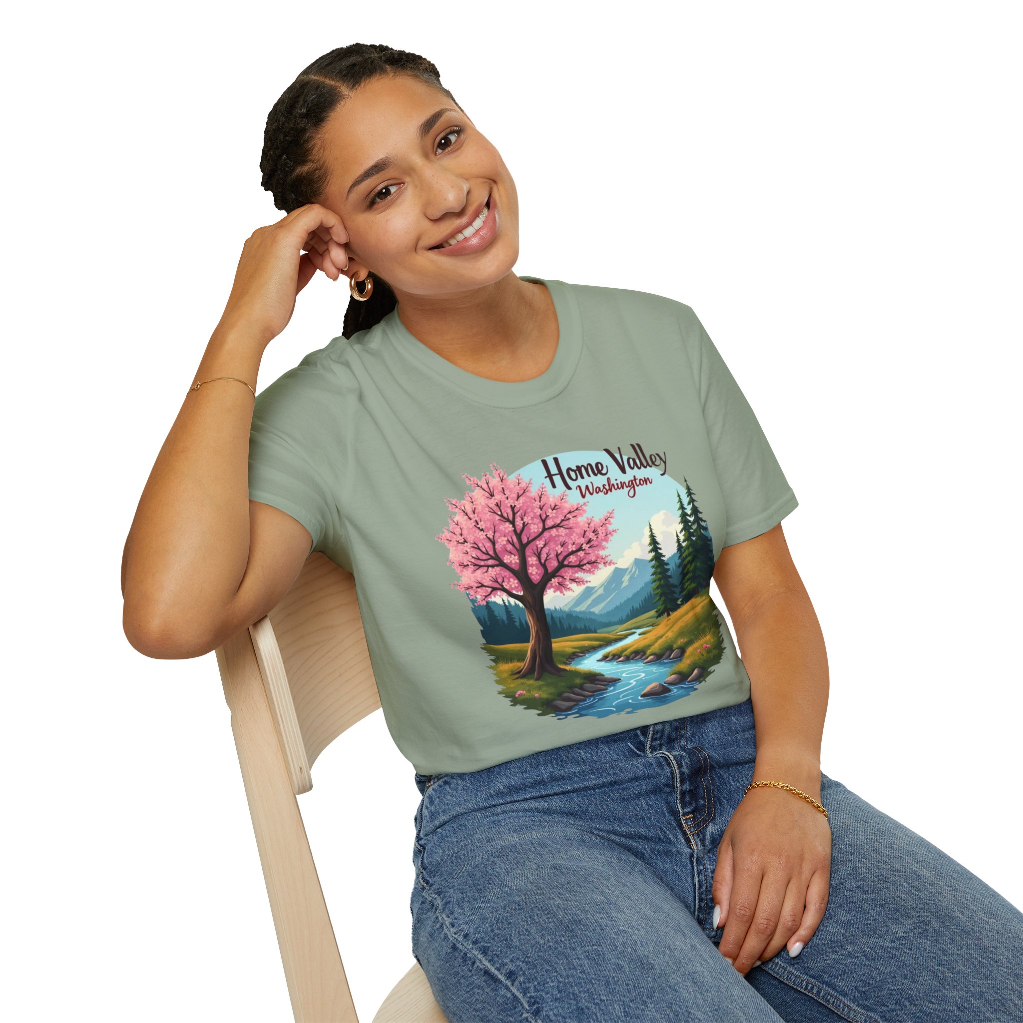 Home Valley Washington Scenic T-Shirt — Mountain River Cherry Blossom Tee - Image 21