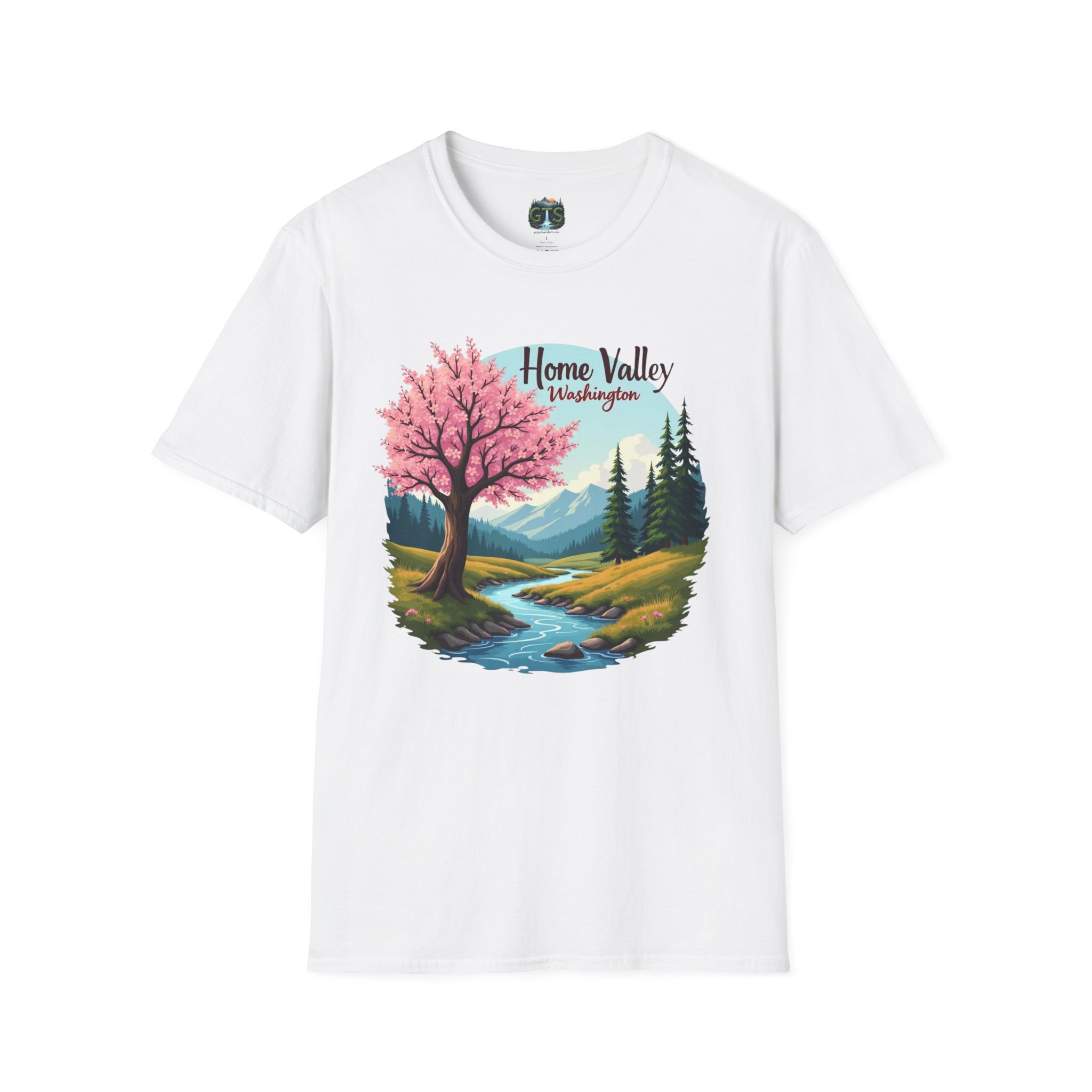 Home Valley Washington Scenic T-Shirt — Mountain River Cherry Blossom Tee - Image 2