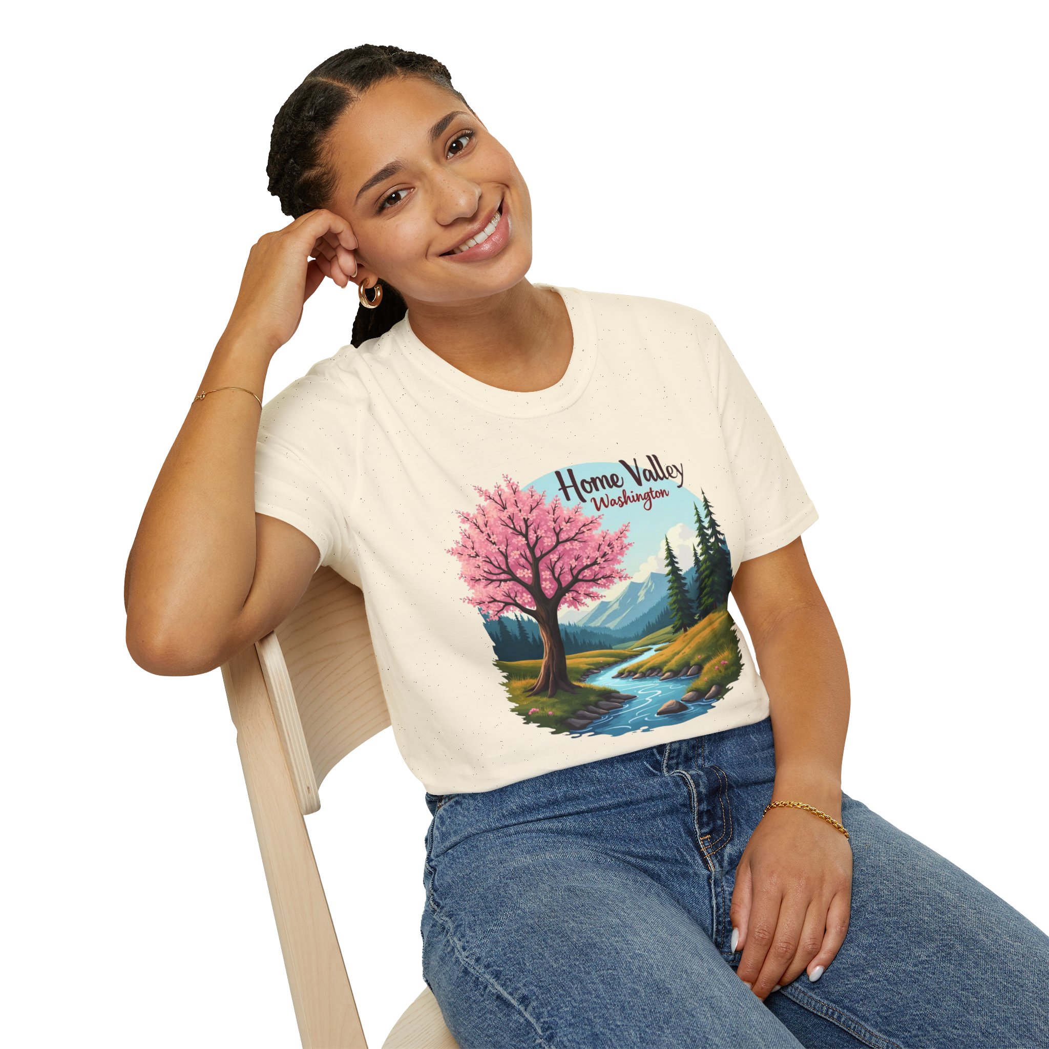 Home Valley Washington Scenic T-Shirt — Mountain River Cherry Blossom Tee - Image 15
