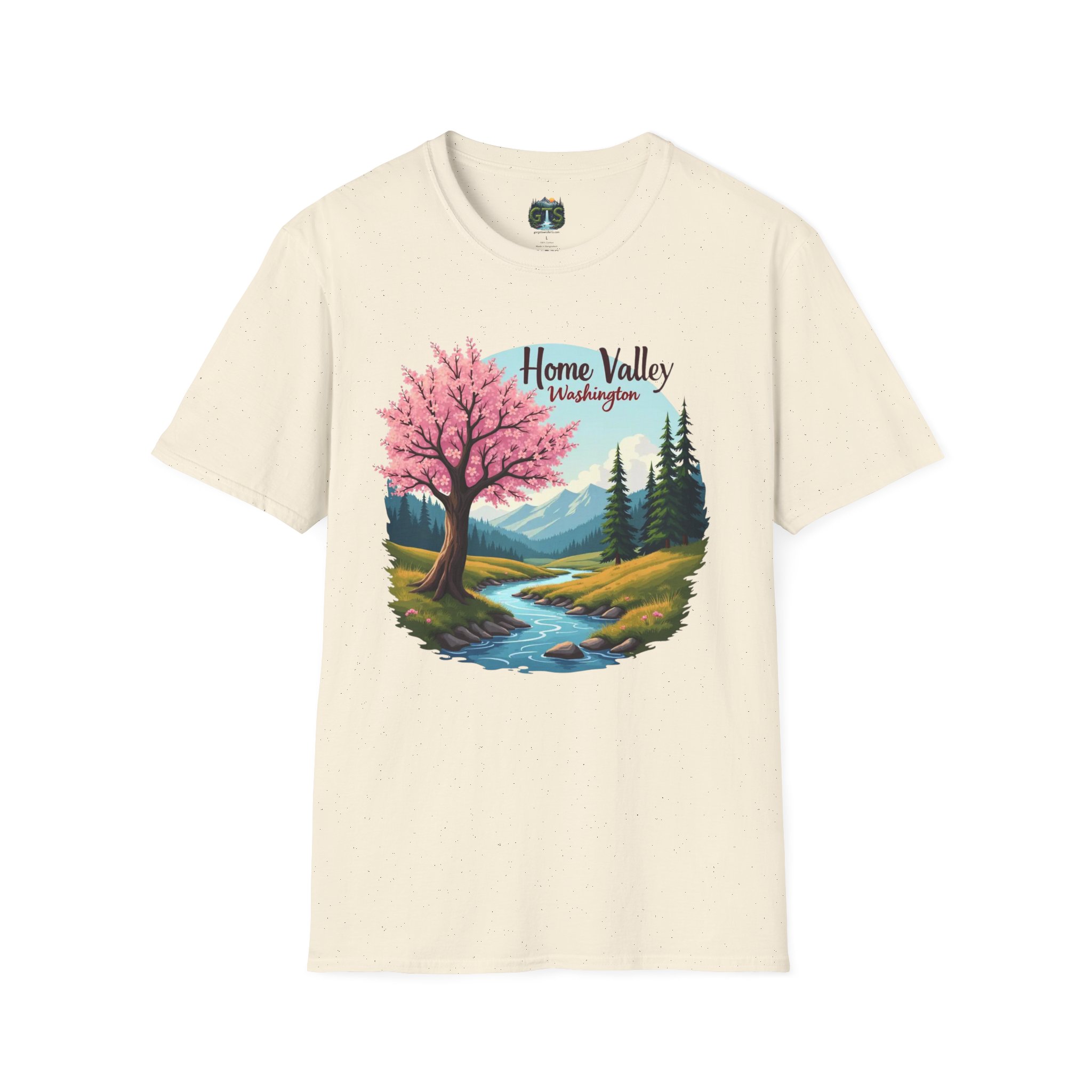 Home Valley Washington Scenic T-Shirt — Mountain River Cherry Blossom Tee - Image 13