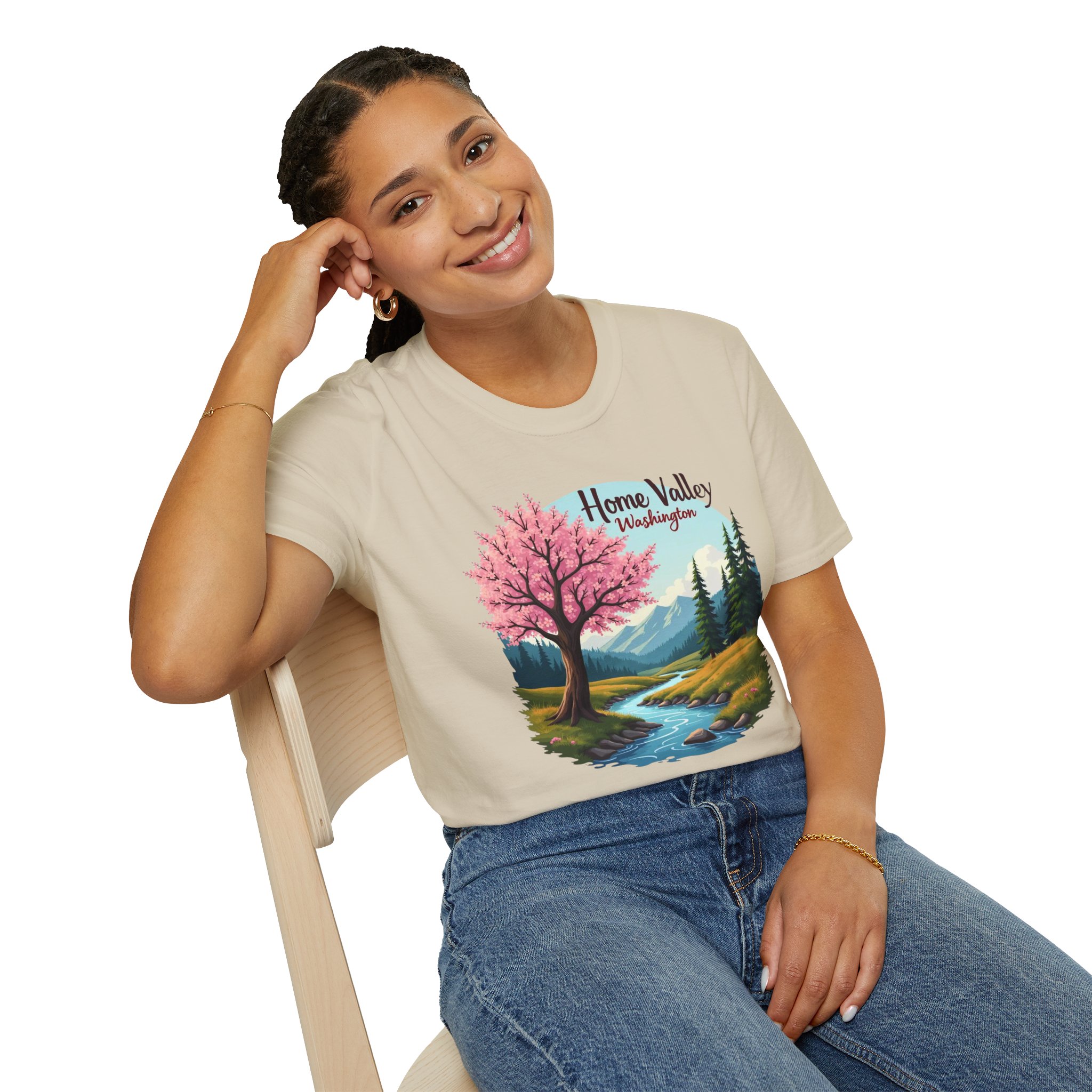 Home Valley Washington Scenic T-Shirt — Mountain River Cherry Blossom Tee - Image 6