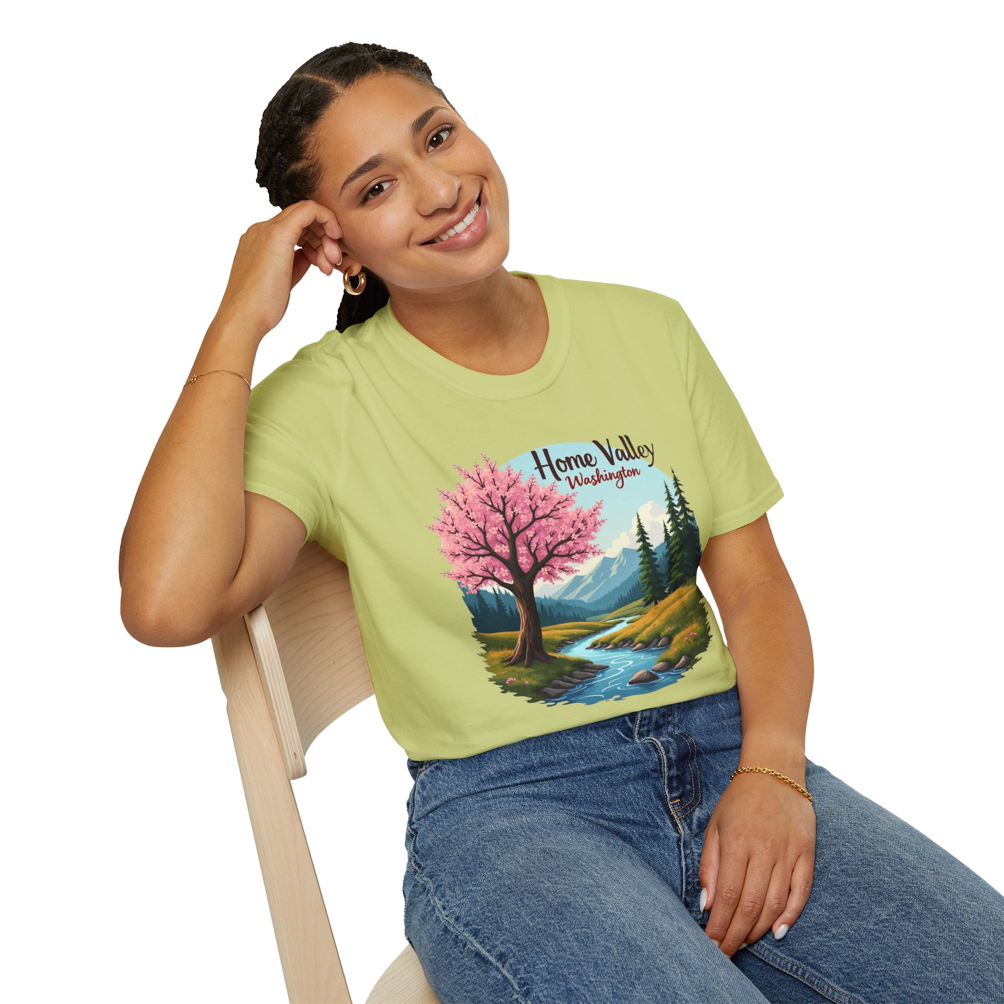 Home Valley Washington Scenic T-Shirt — Mountain River Cherry Blossom Tee - Image 18