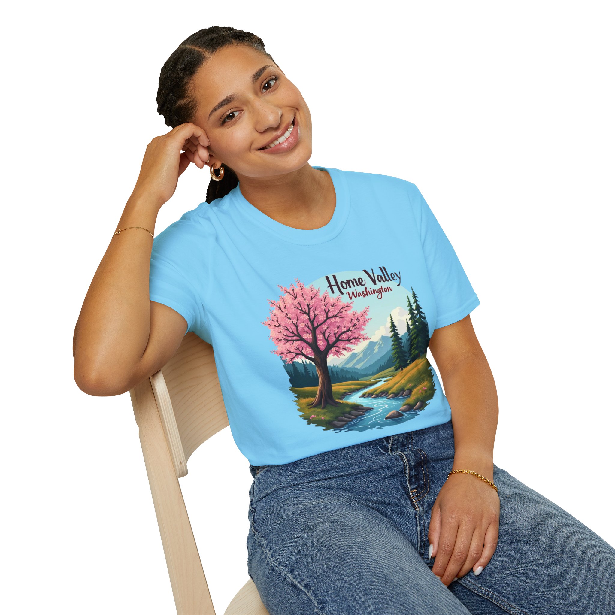 Home Valley Washington Scenic T-Shirt — Mountain River Cherry Blossom Tee - Image 30
