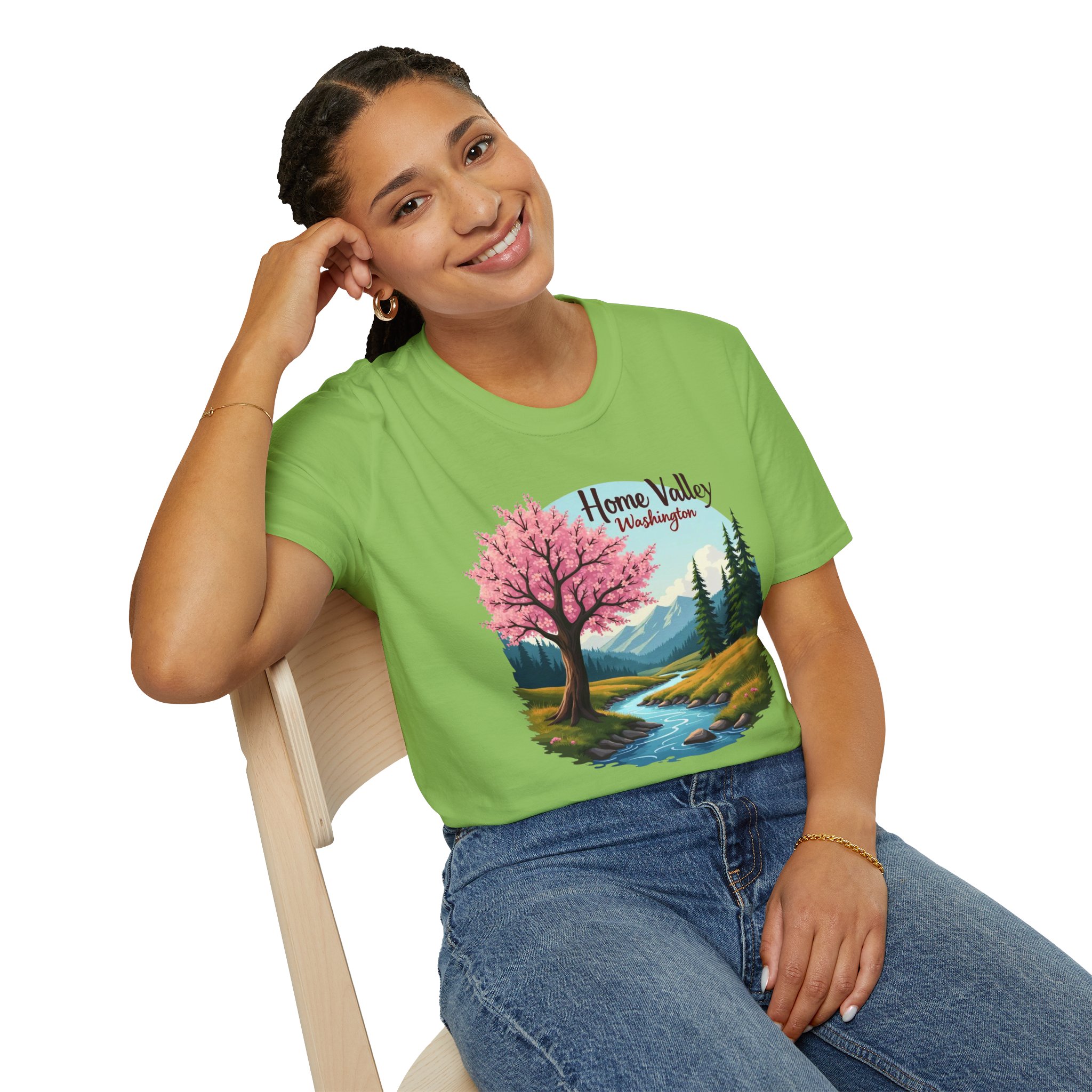 Home Valley Washington Scenic T-Shirt — Mountain River Cherry Blossom Tee - Image 24