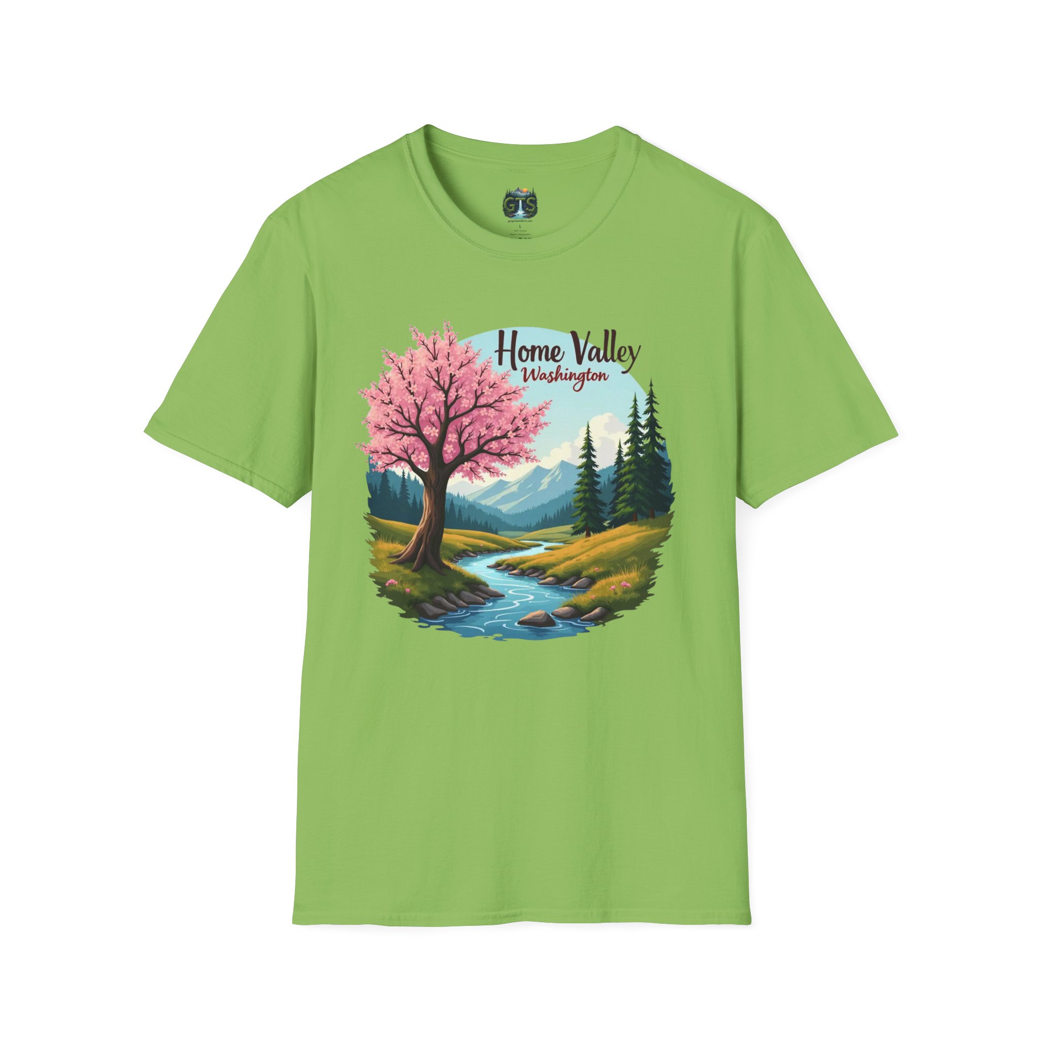 Home Valley Washington Scenic T-Shirt — Mountain River Cherry Blossom Tee - Image 22