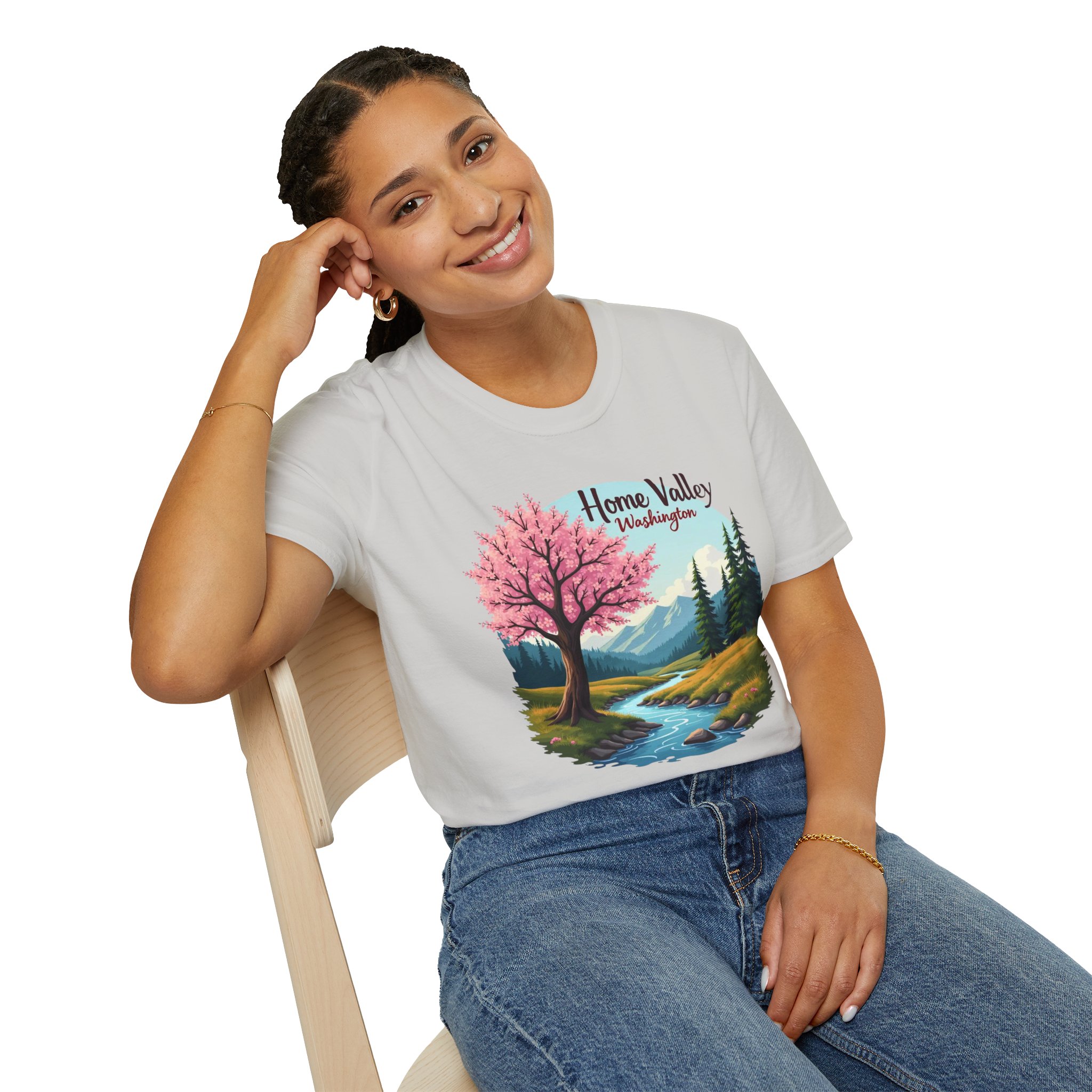 Home Valley Washington Scenic T-Shirt — Mountain River Cherry Blossom Tee - Image 9