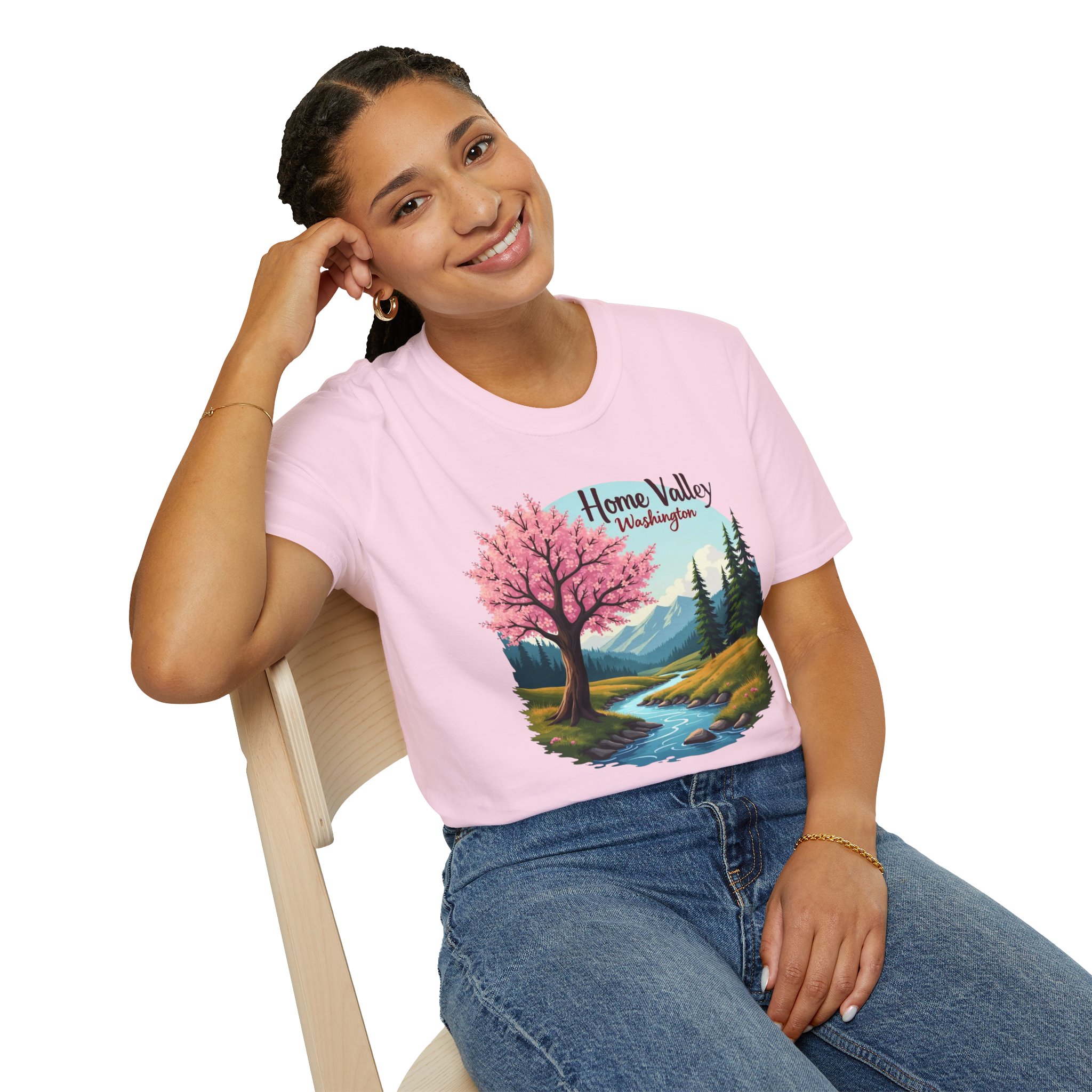 Home Valley Washington Scenic T-Shirt — Mountain River Cherry Blossom Tee - Image 42