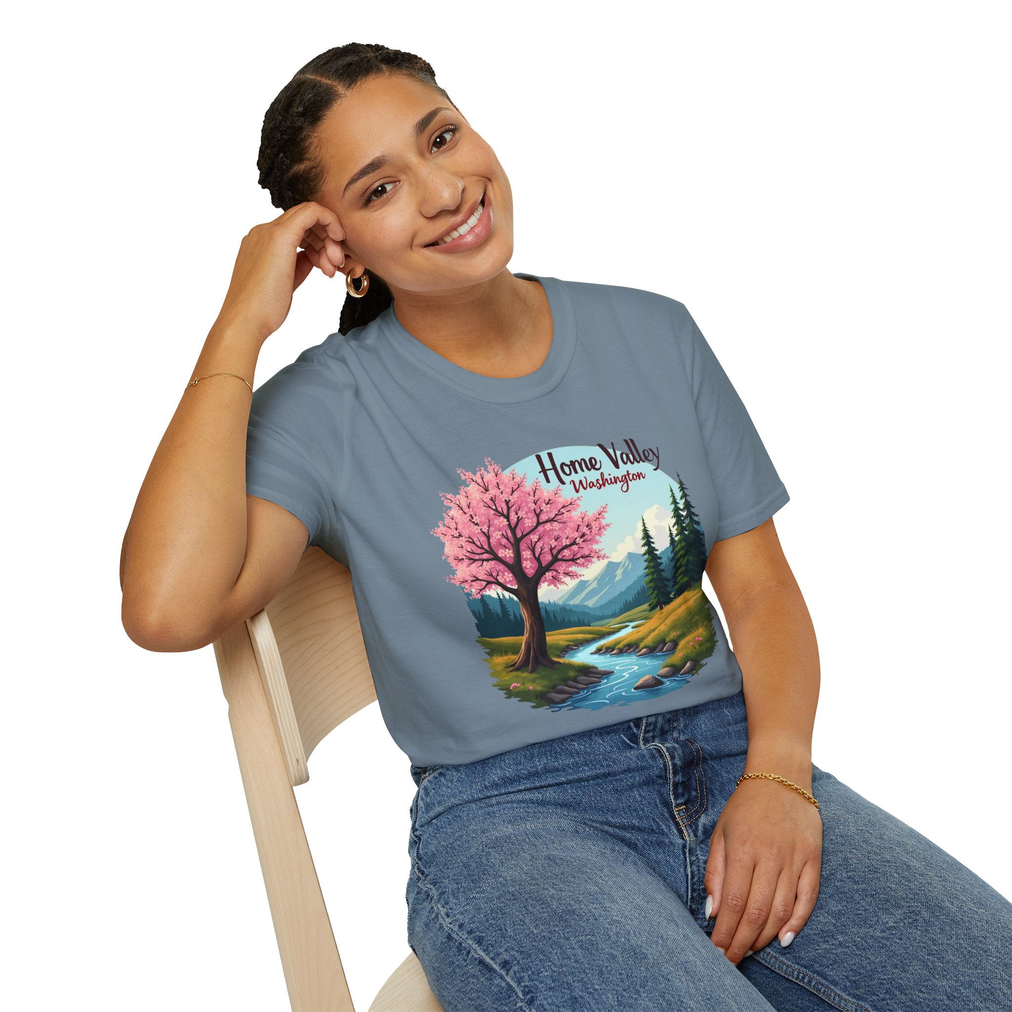 Home Valley Washington Scenic T-Shirt — Mountain River Cherry Blossom Tee - Image 36