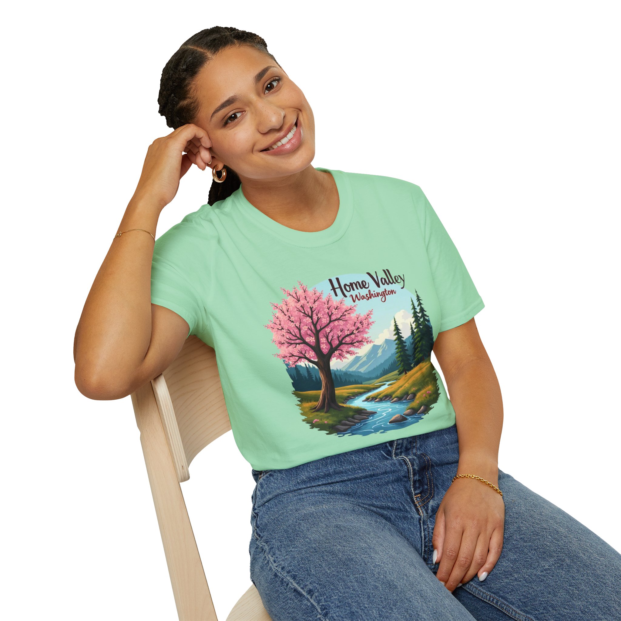 Home Valley Washington Scenic T-Shirt — Mountain River Cherry Blossom Tee - Image 27