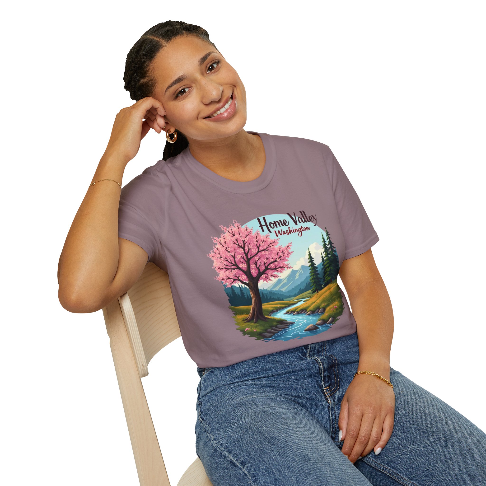 Home Valley Washington Scenic T-Shirt — Mountain River Cherry Blossom Tee - Image 39