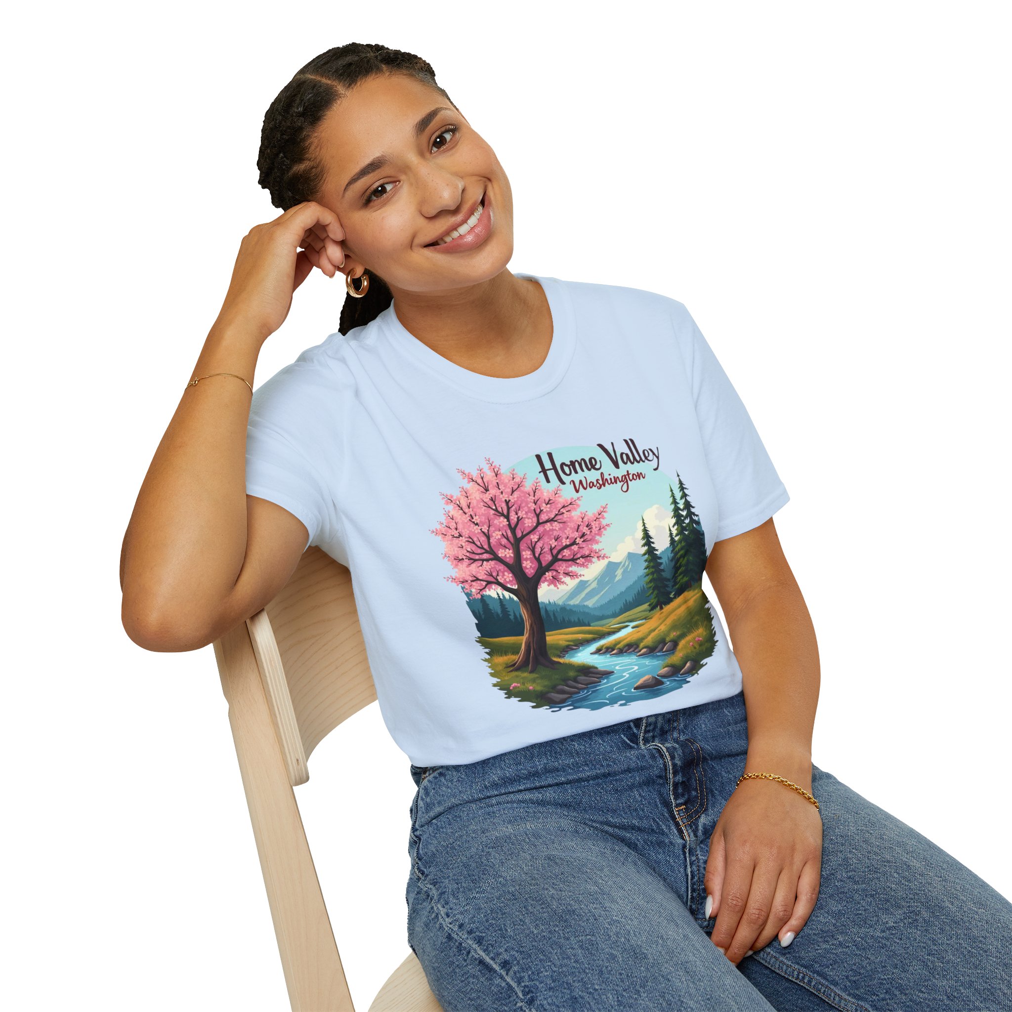 Home Valley Washington Scenic T-Shirt — Mountain River Cherry Blossom Tee - Image 33