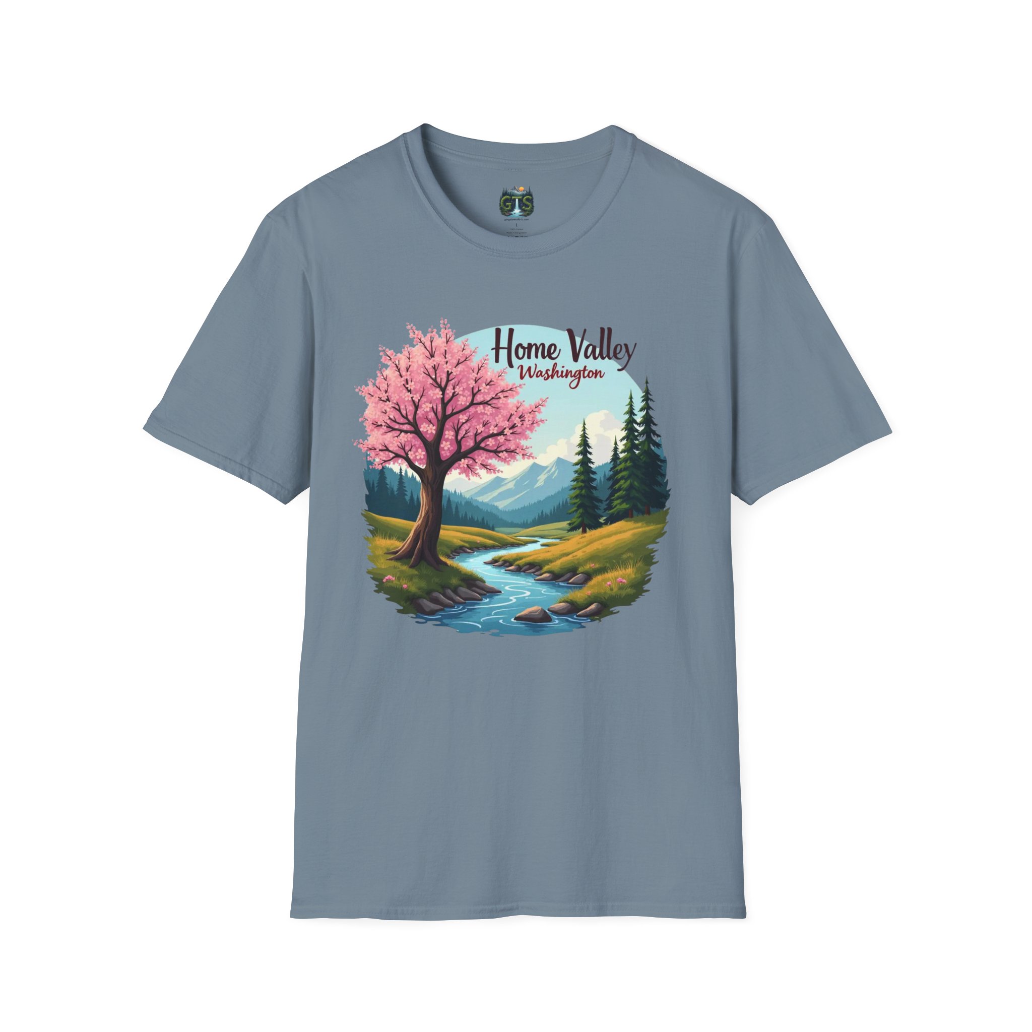 Home Valley Washington Scenic T-Shirt — Mountain River Cherry Blossom Tee - Image 34