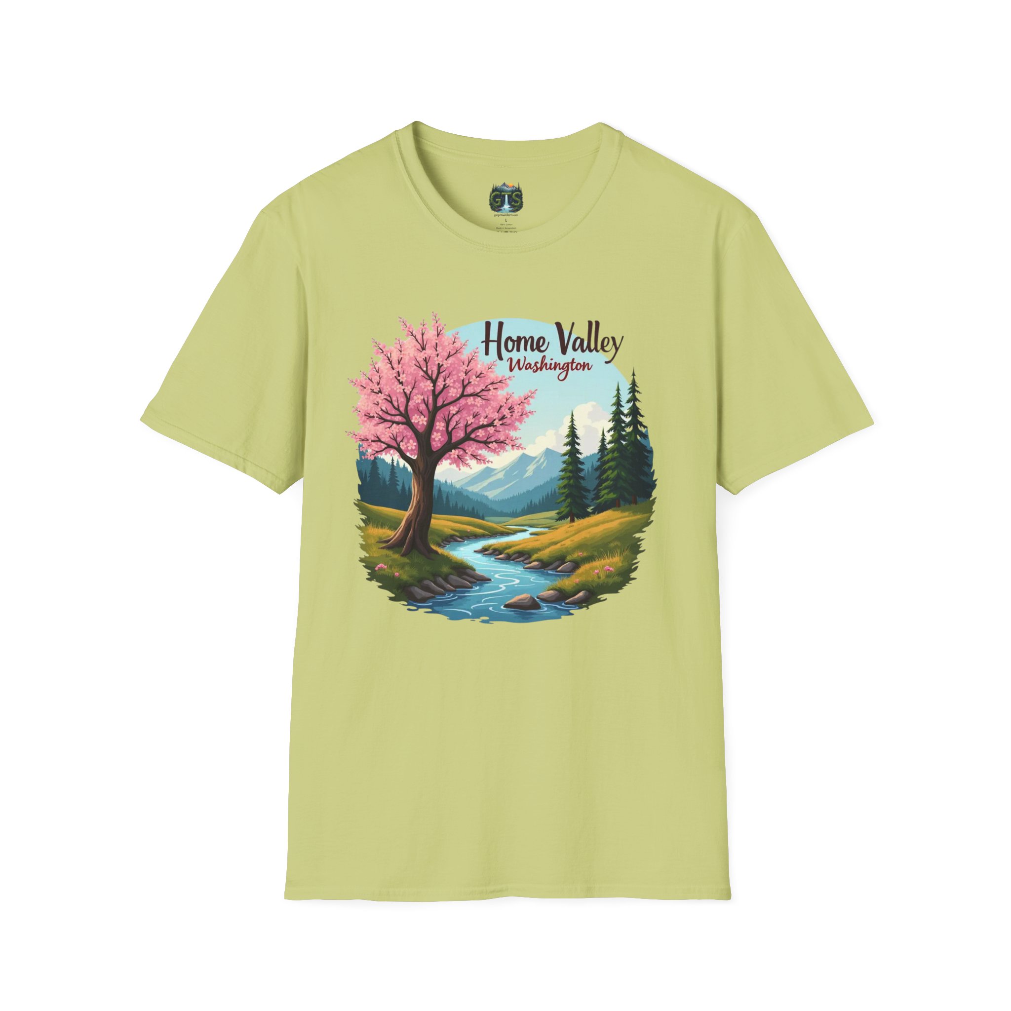 Home Valley Washington Scenic T-Shirt — Mountain River Cherry Blossom Tee - Image 16