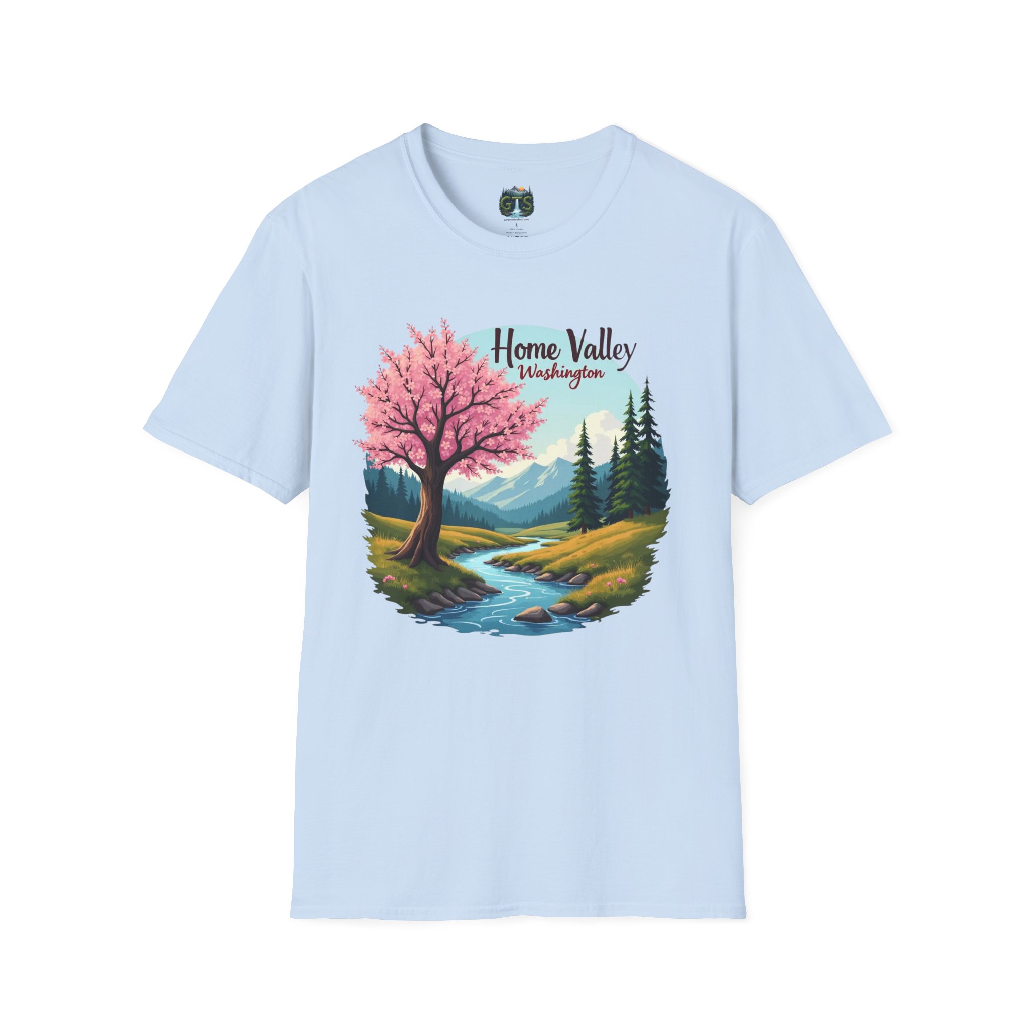 Home Valley Washington Scenic T-Shirt — Mountain River Cherry Blossom Tee - Image 31