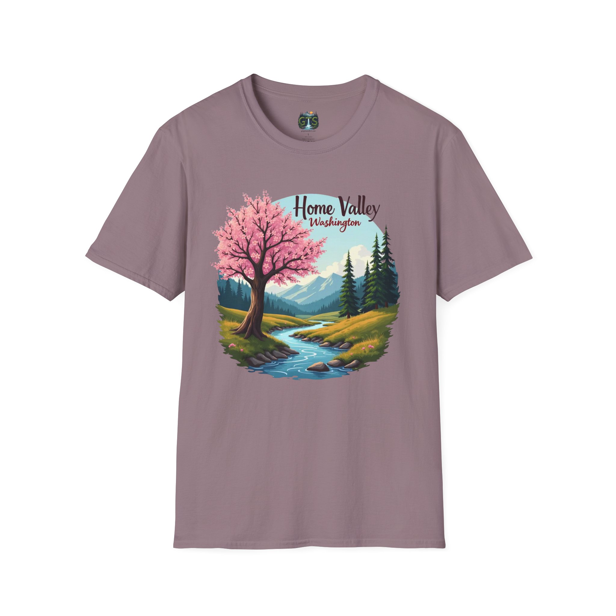 Home Valley Washington Scenic T-Shirt — Mountain River Cherry Blossom Tee - Image 37