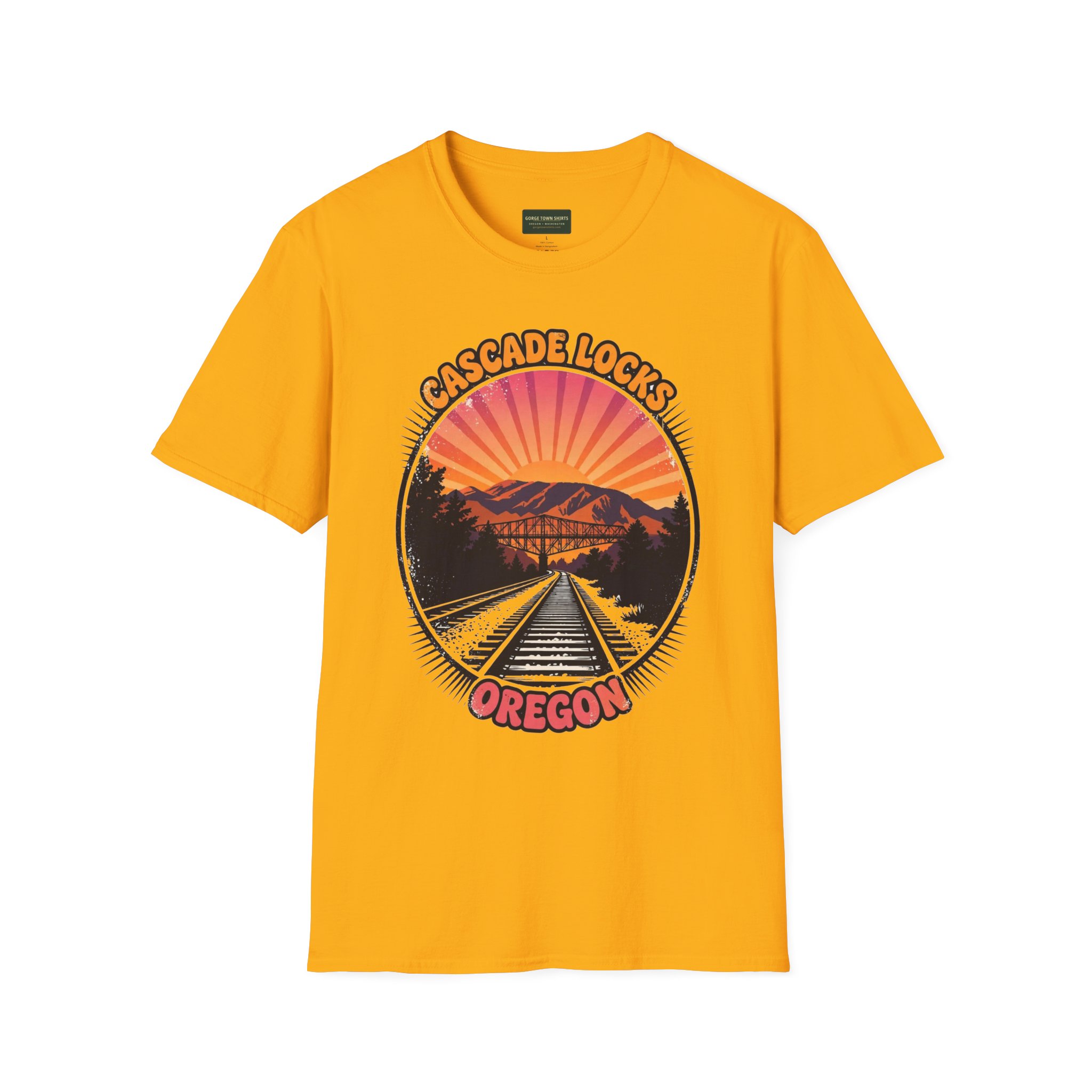 Cascade Locks Oregon T-Shirt – Railroad Tracks Bridge Badge Graphic - Image 5