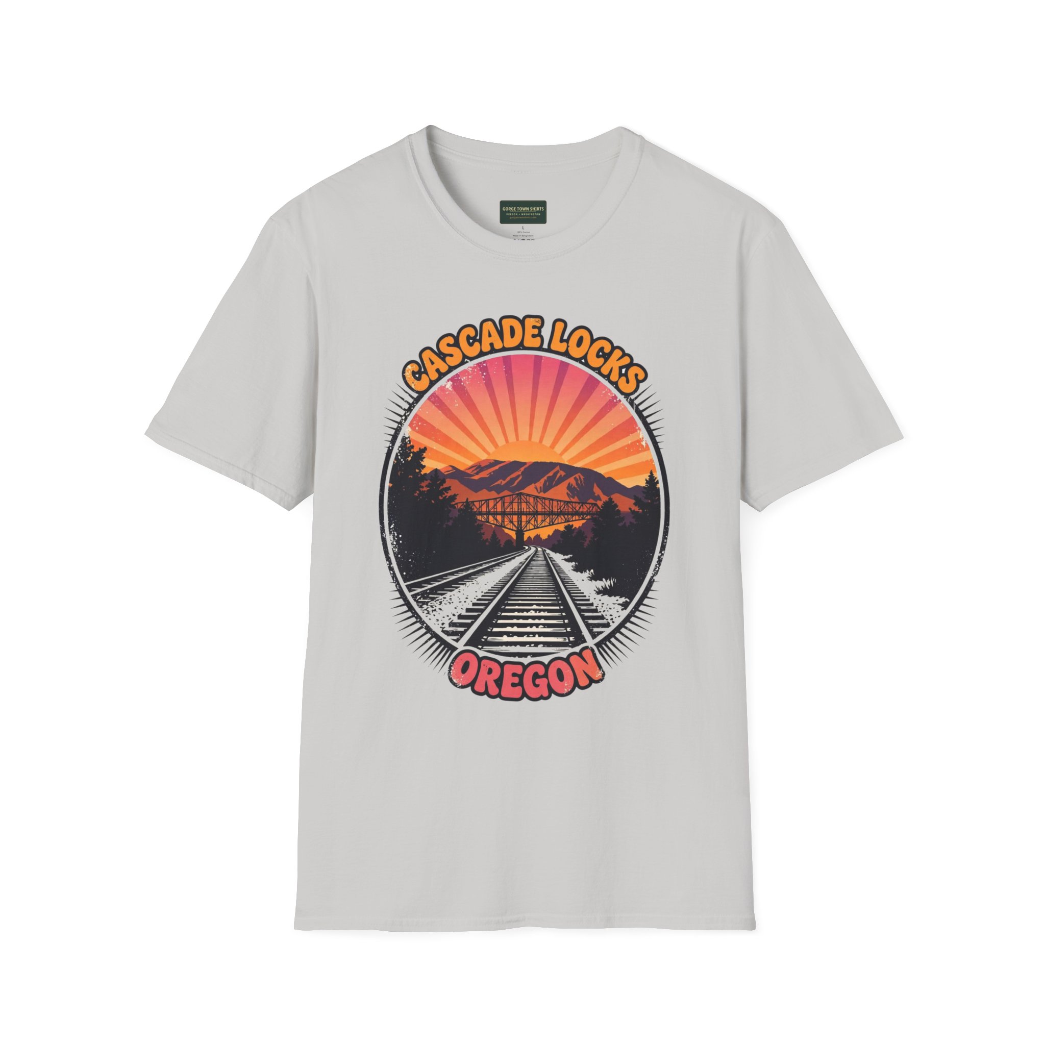 Cascade Locks Oregon T-Shirt – Railroad Tracks Bridge Badge Graphic - Image 4