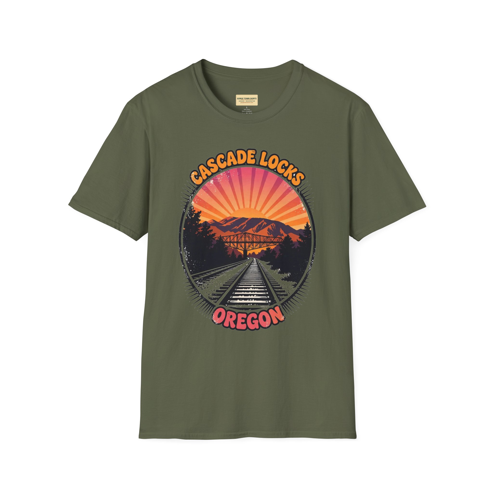 Cascade Locks Oregon T-Shirt – Railroad Tracks Bridge Badge Graphic - Image 7