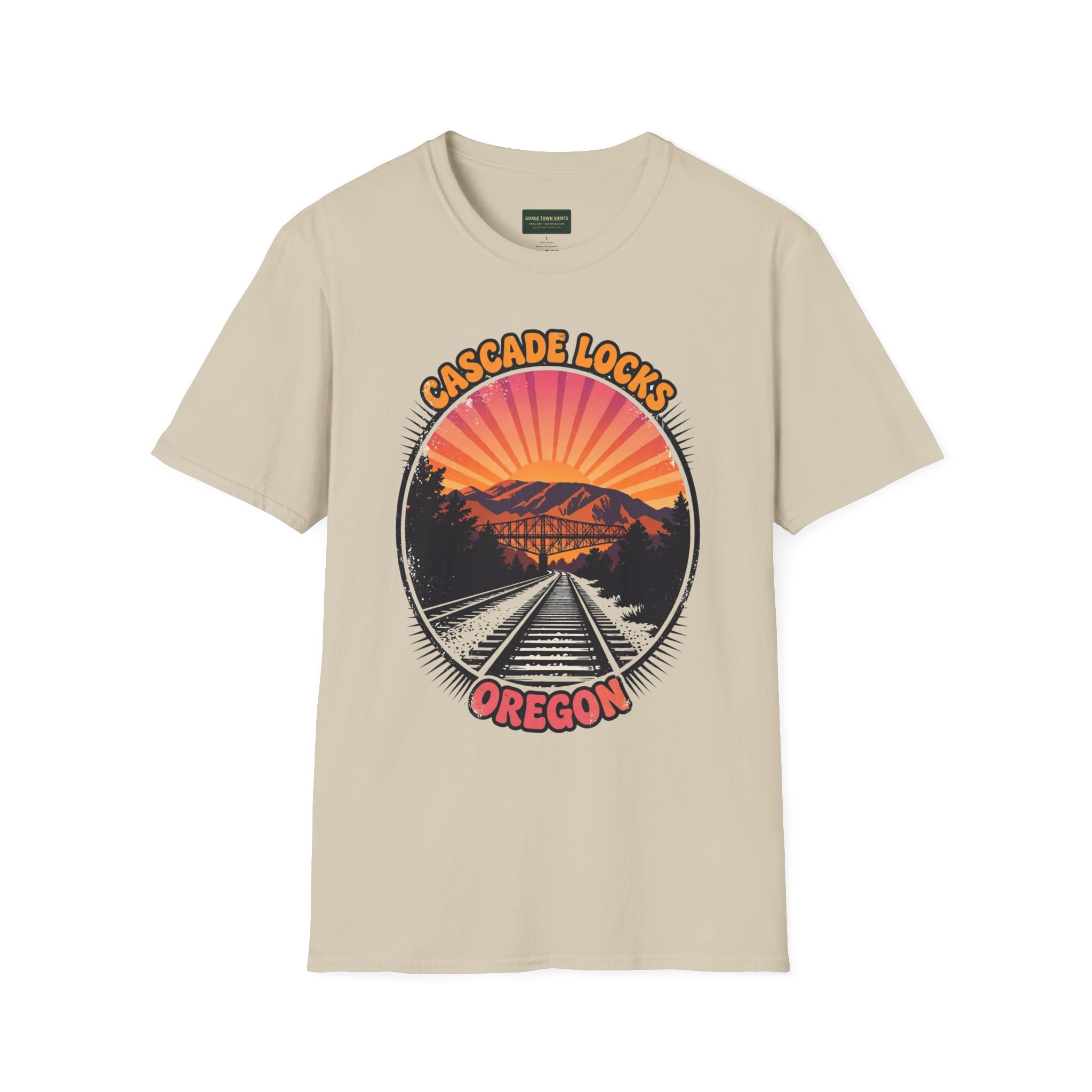Cascade Locks Oregon T-Shirt – Railroad Tracks Bridge Badge Graphic - Image 3
