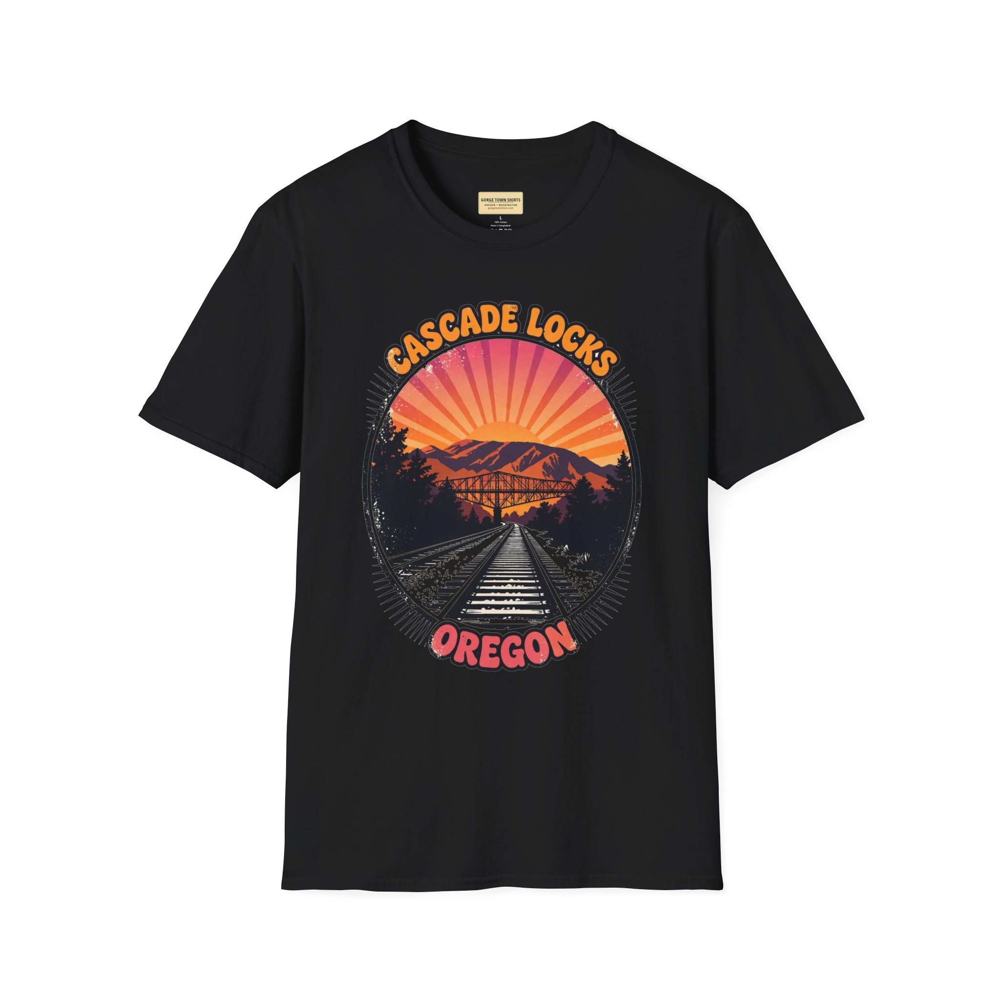 Cascade Locks Oregon T-Shirt – Railroad Tracks Bridge Badge Graphic - Image 2